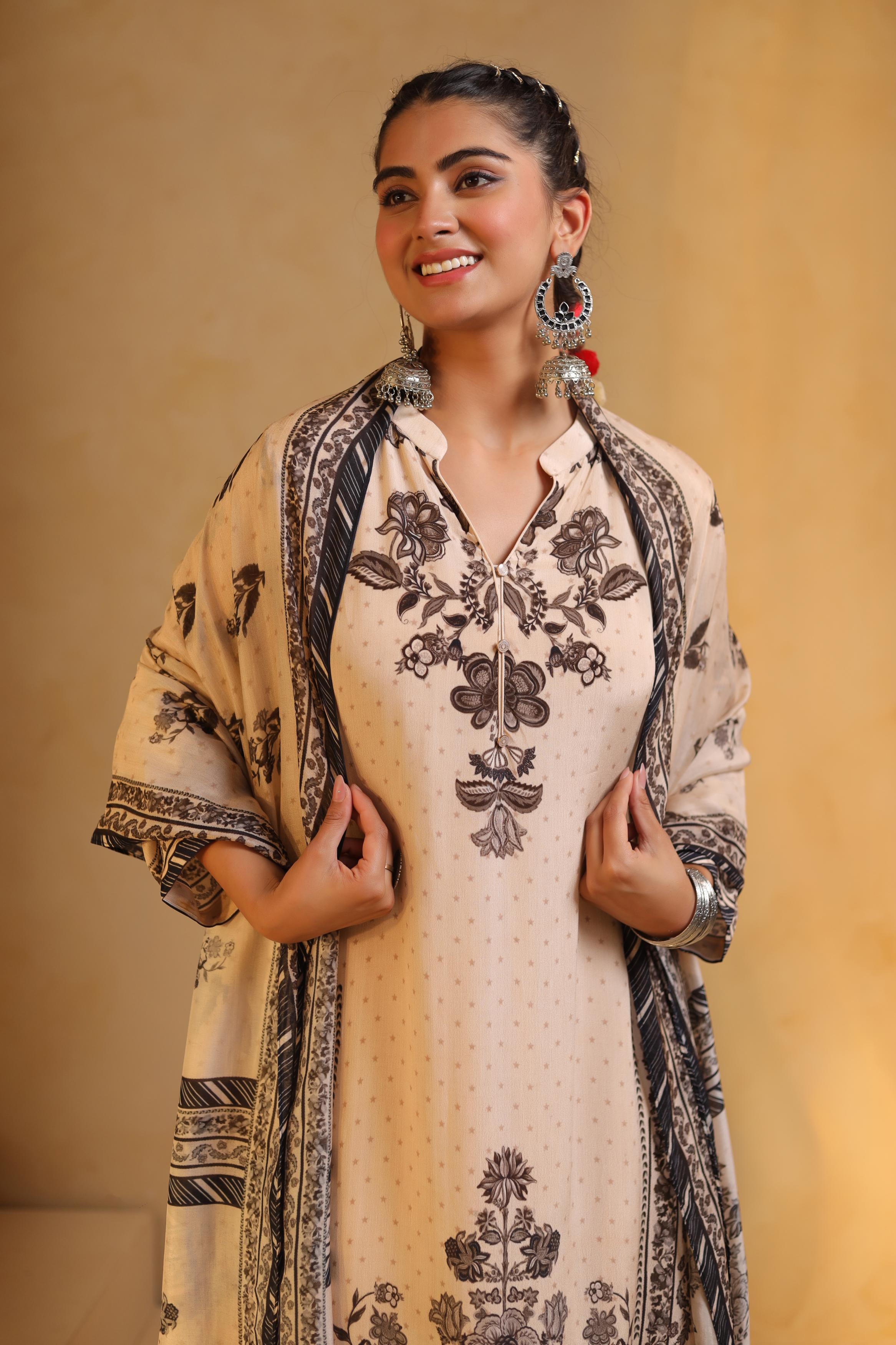 Beige Printed Viscose Crepe Silk Pant Set