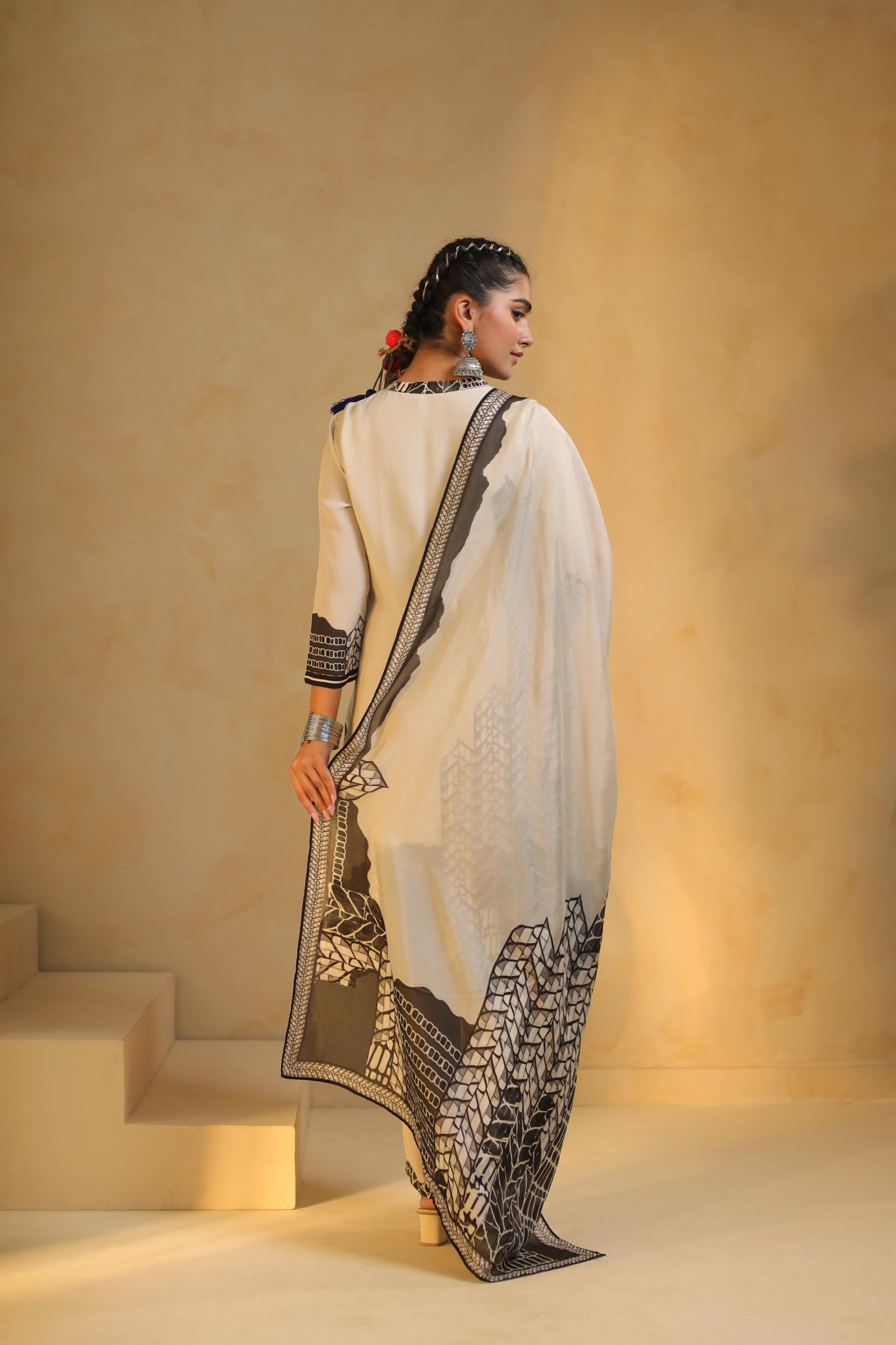 White Printed Viscose Crepe Silk Pant Set