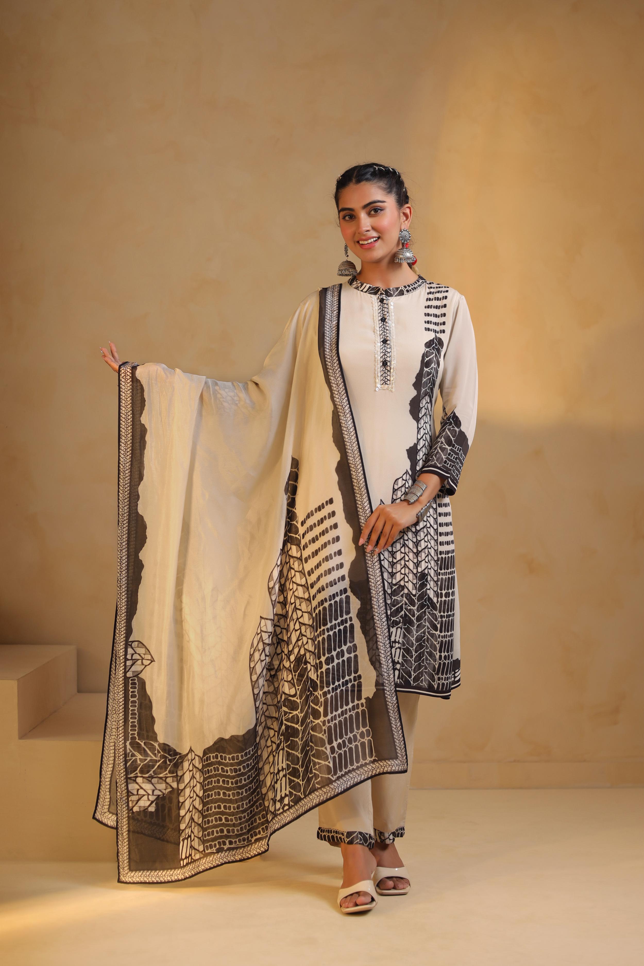 White Printed Viscose Crepe Silk Pant Set