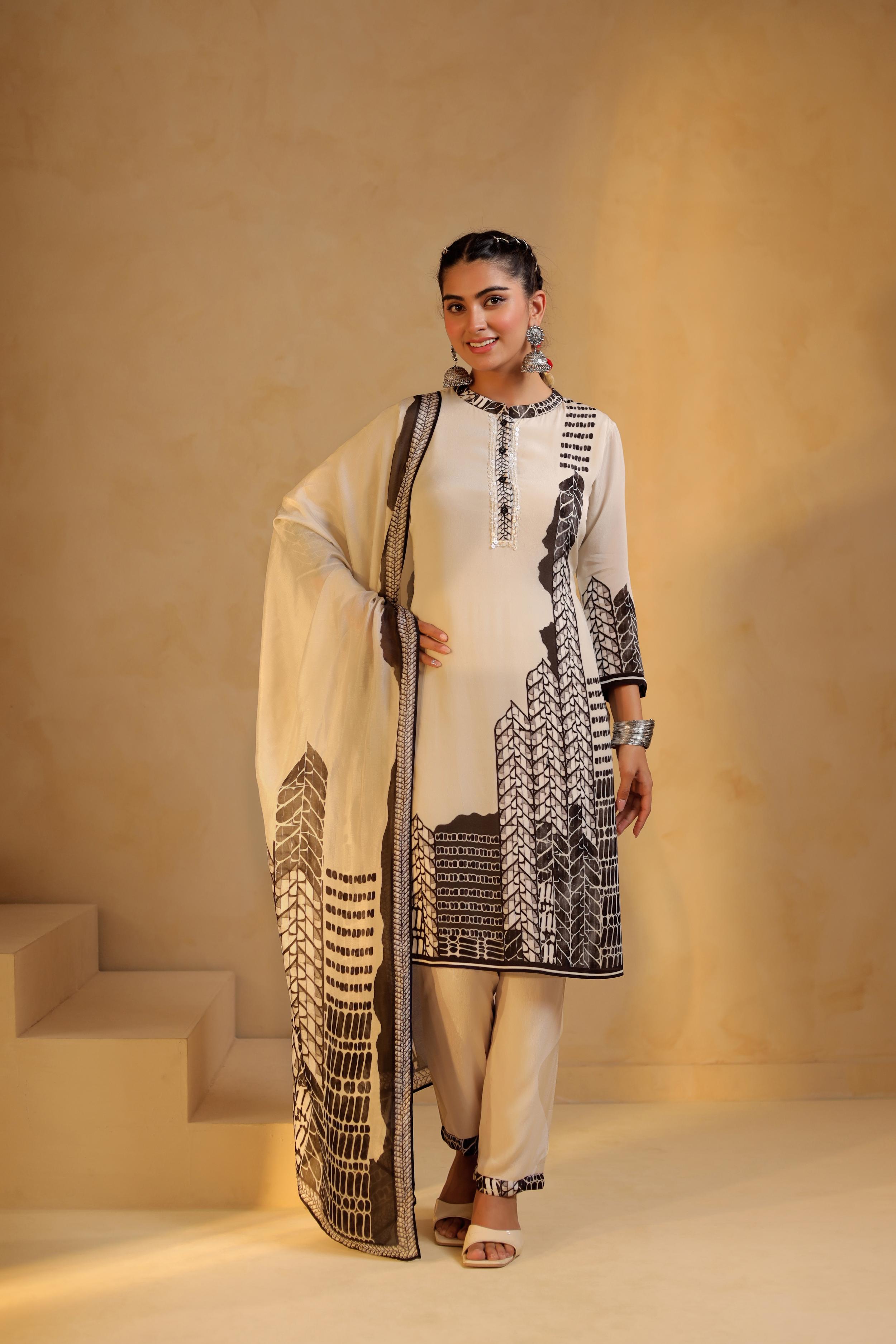 White Printed Viscose Crepe Silk Pant Set