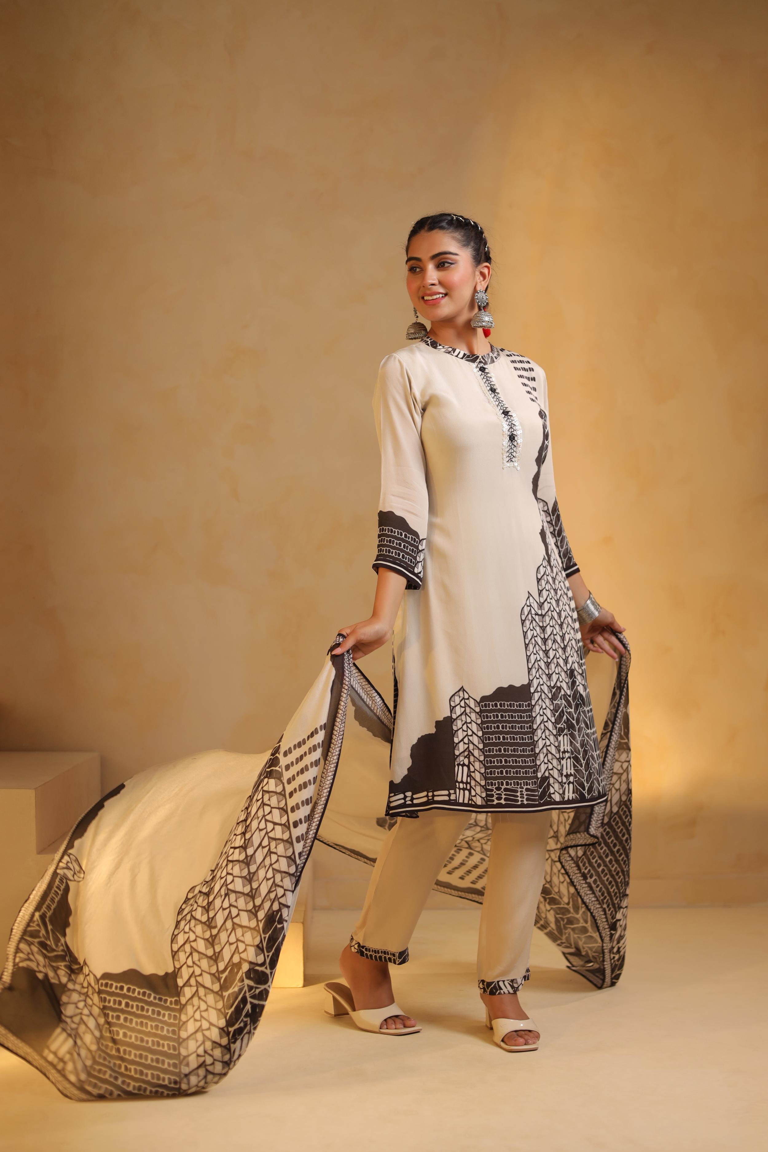 White Printed Viscose Crepe Silk Pant Set