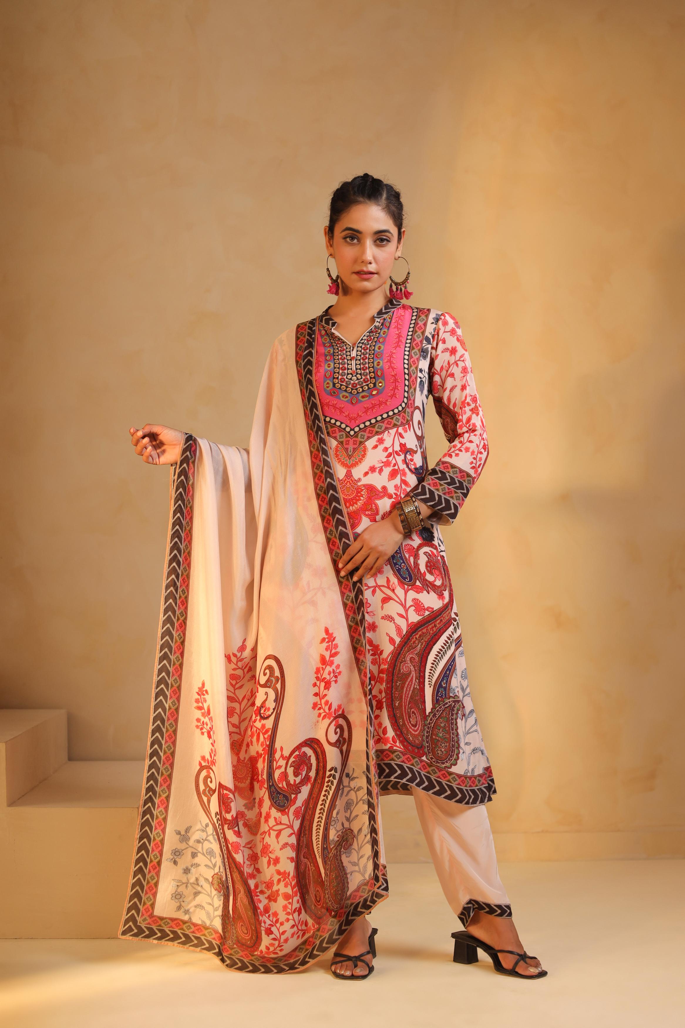 Soft Pink Printed Viscose Crepe Silk Pant Set