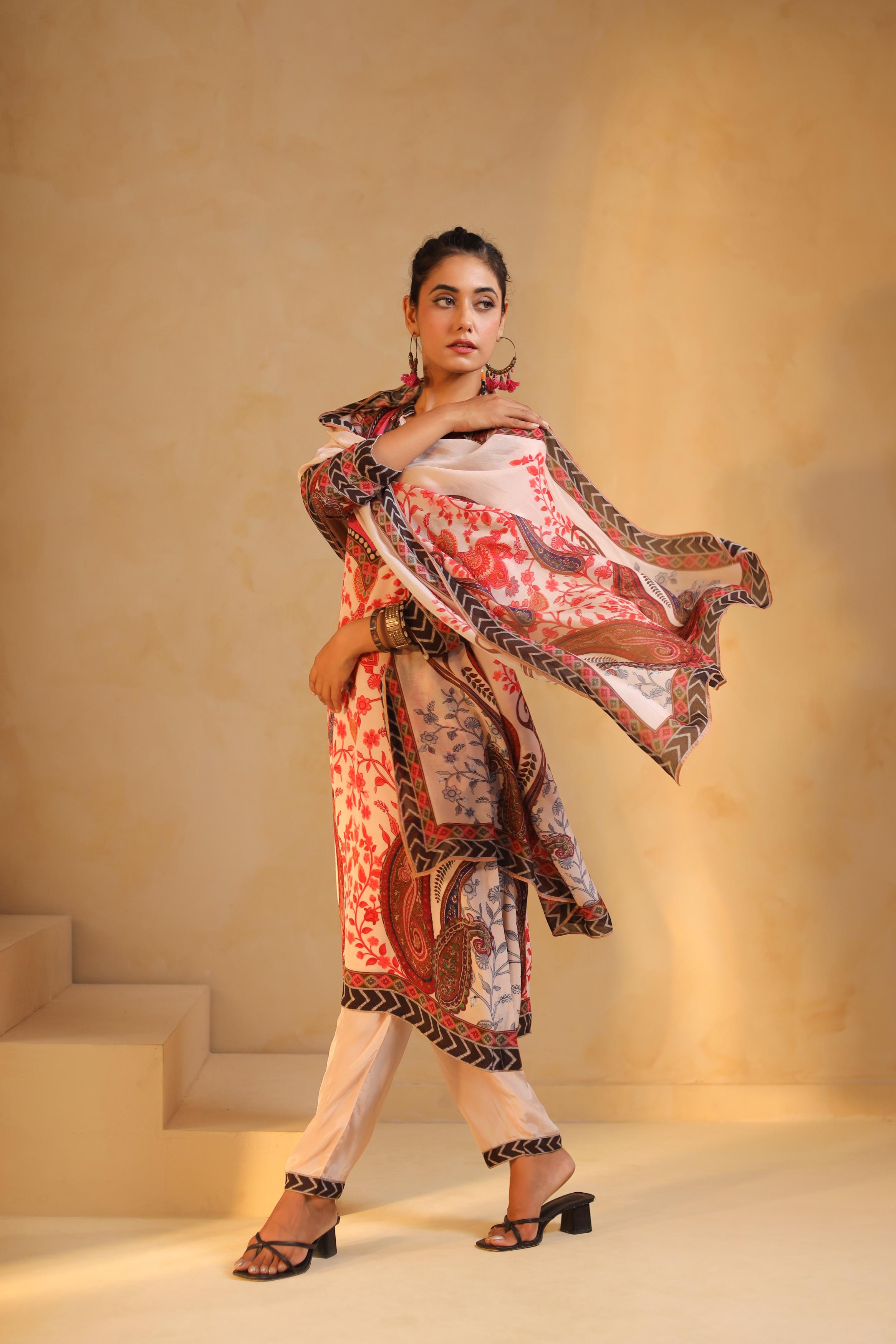 Soft Pink Printed Viscose Crepe Silk Pant Set