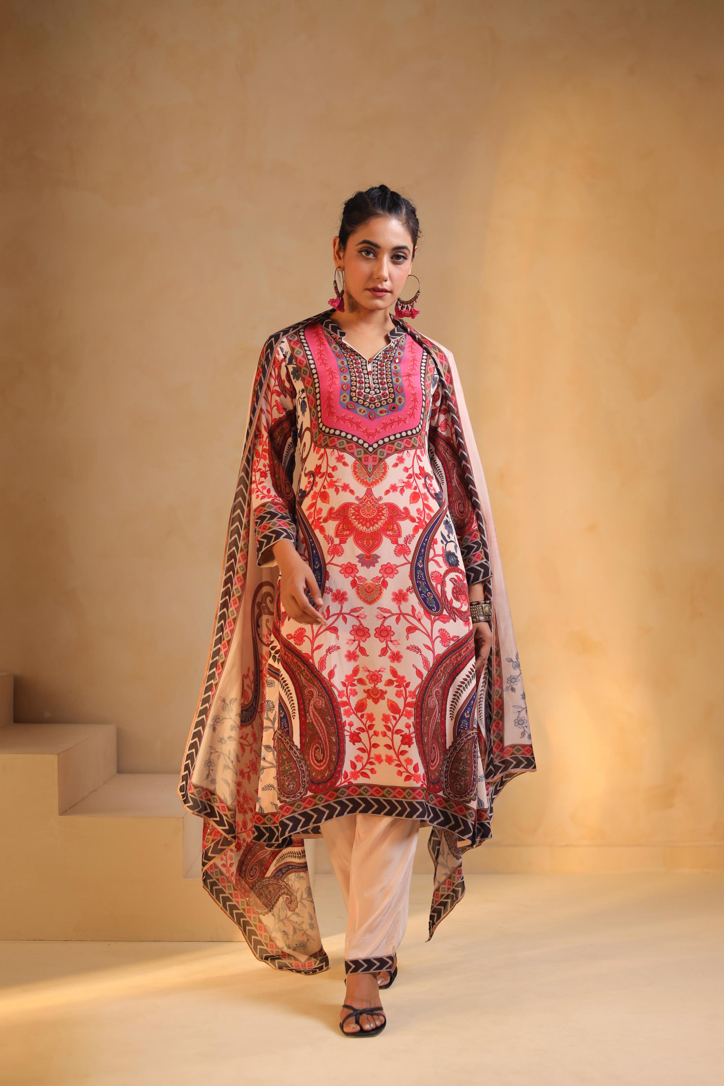 Soft Pink Printed Viscose Crepe Silk Pant Set