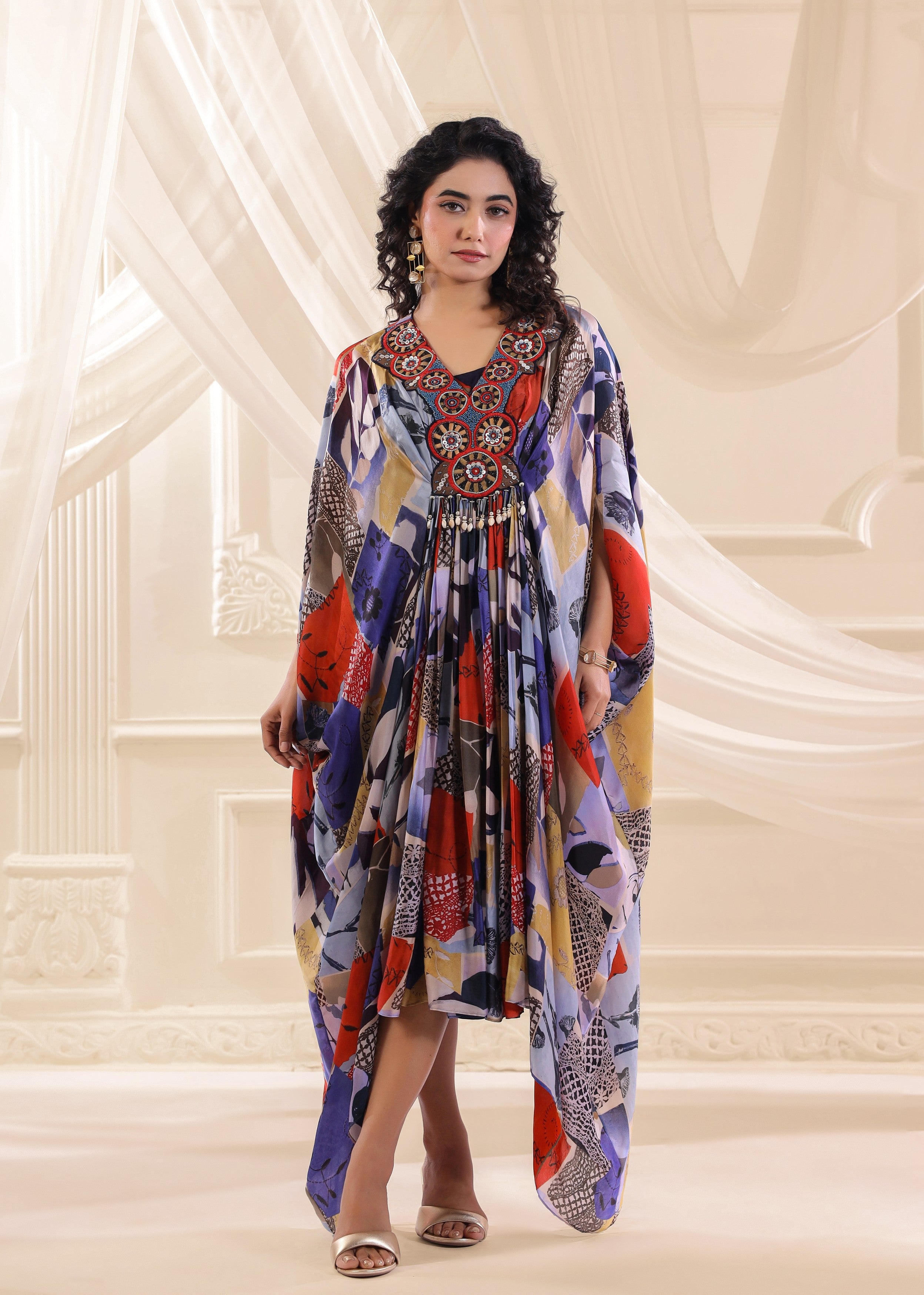 Blue Floral Embellished Satin Silk Dress