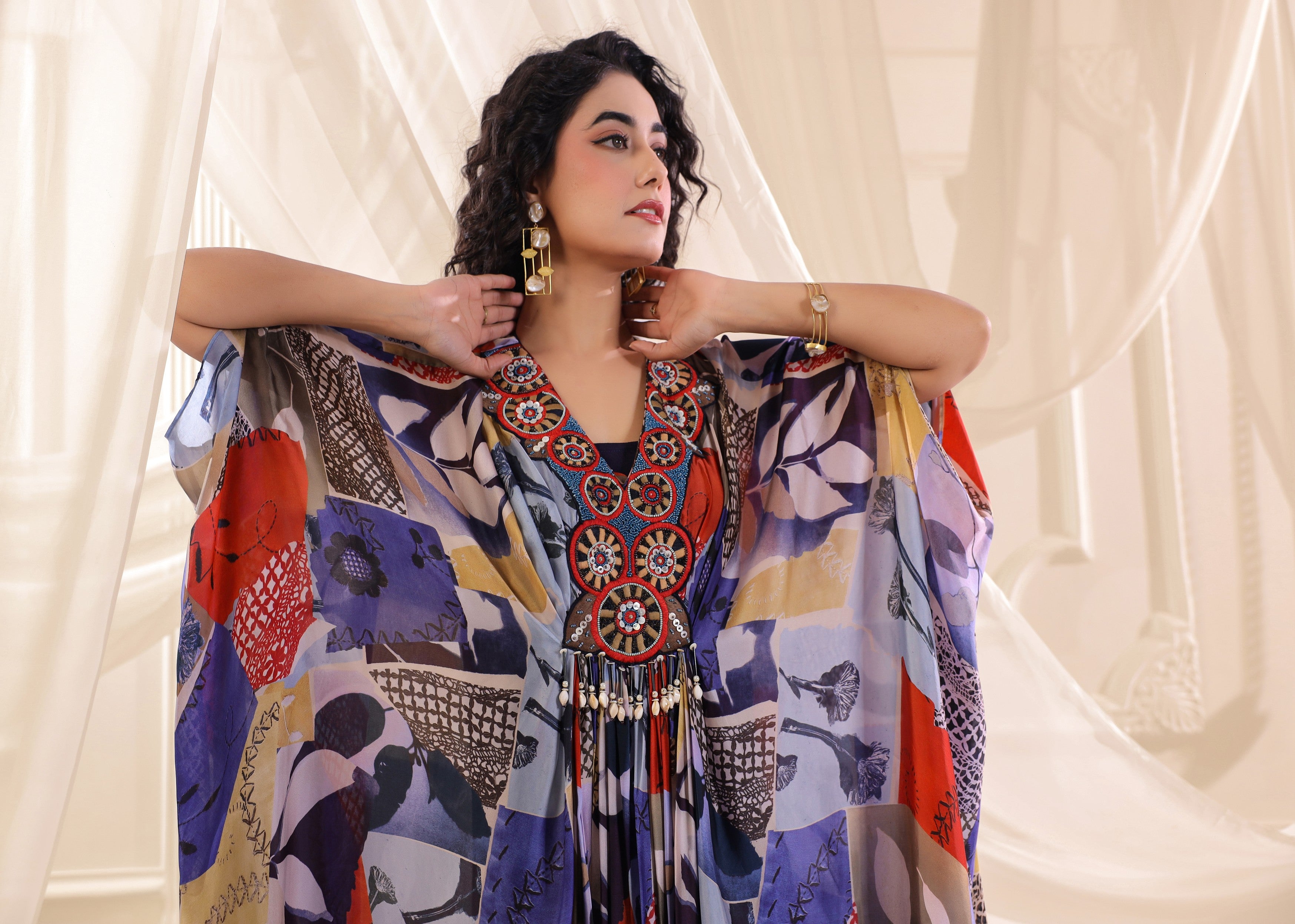 Blue Floral Embellished Satin Silk Dress