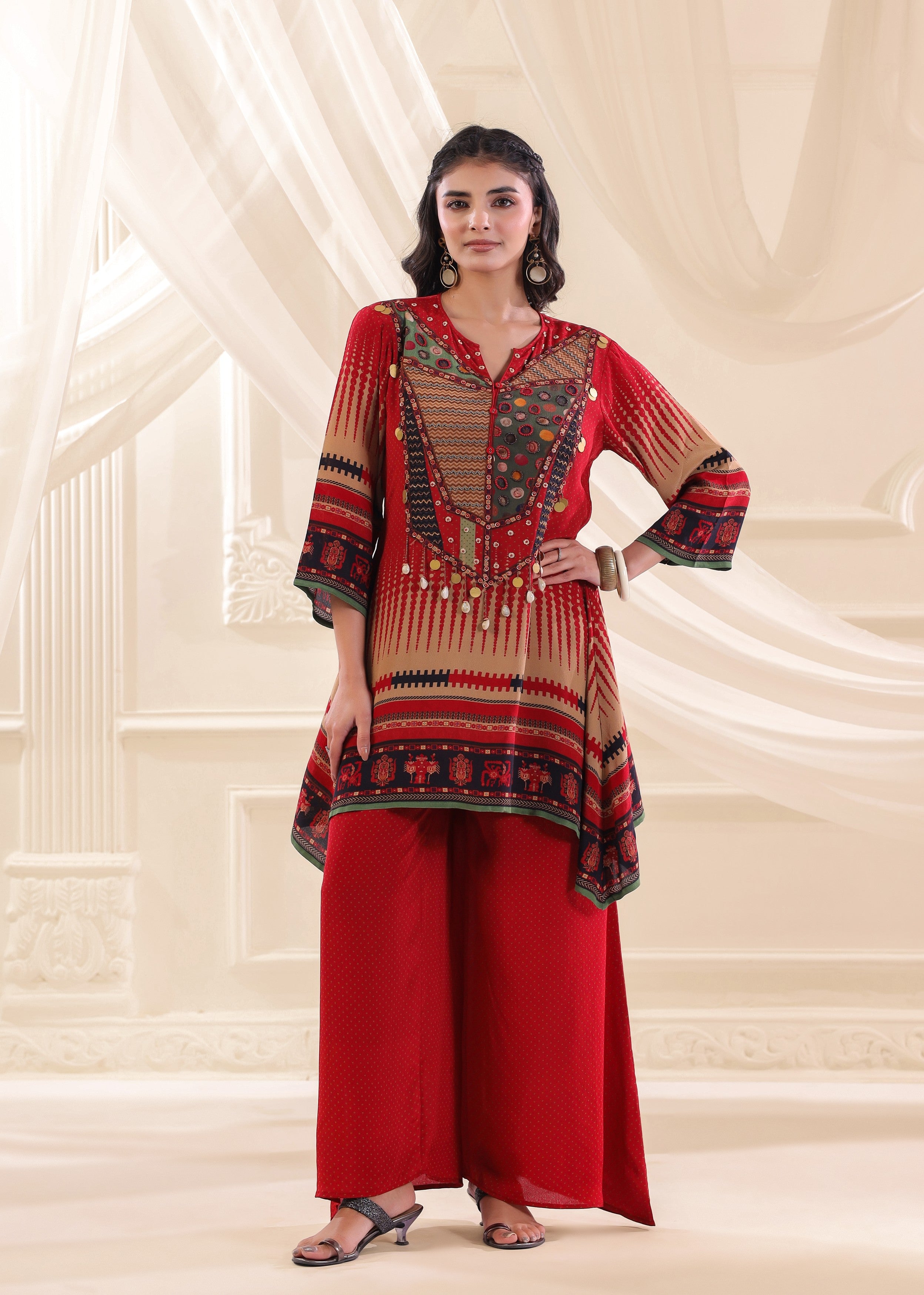 Ruby Tribal Embellished Crepe Silk Co-Ord Set