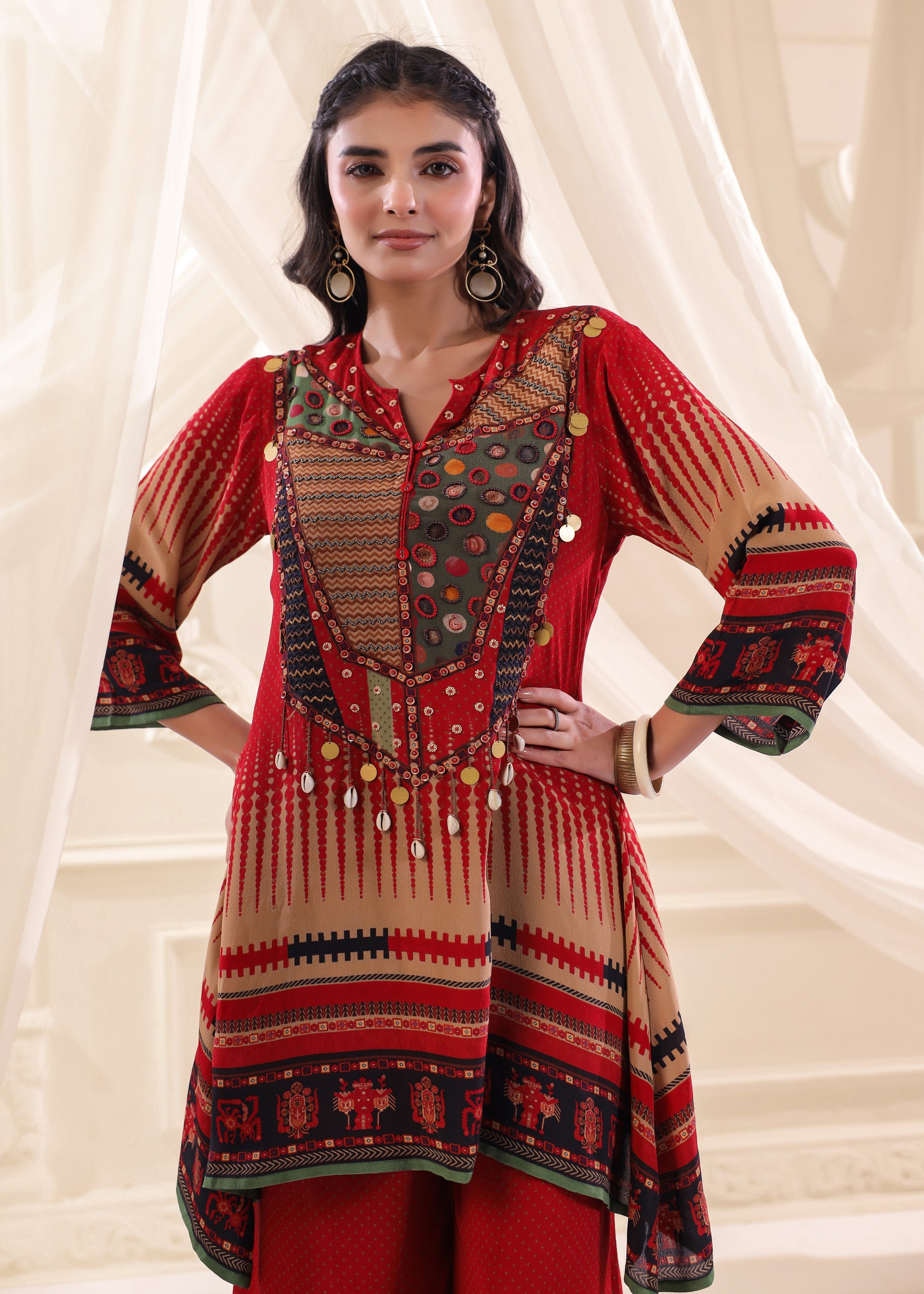 Ruby Tribal Embellished Crepe Silk Co-Ord Set
