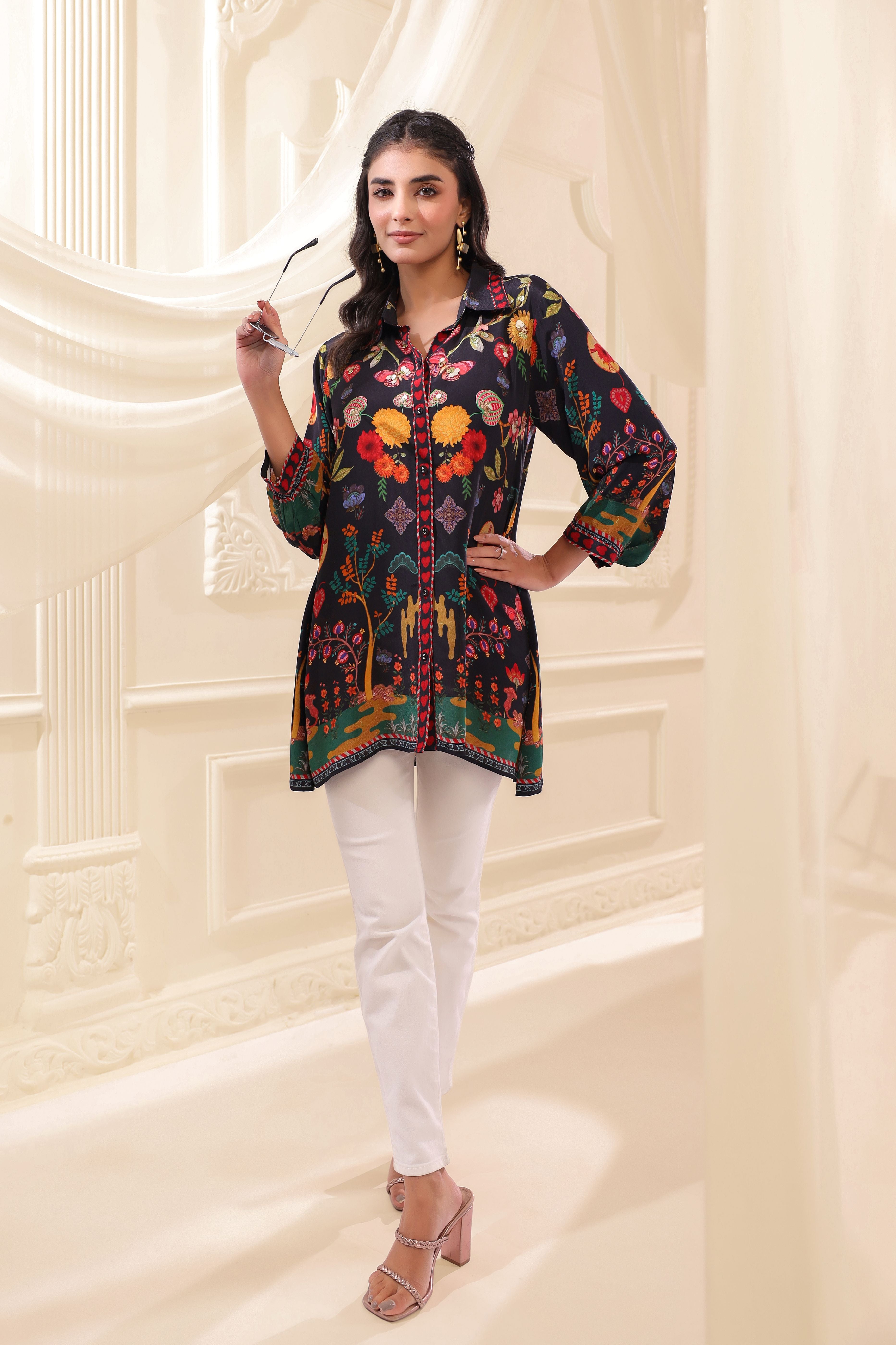 Midnight Garden Printed Crepe Silk Top