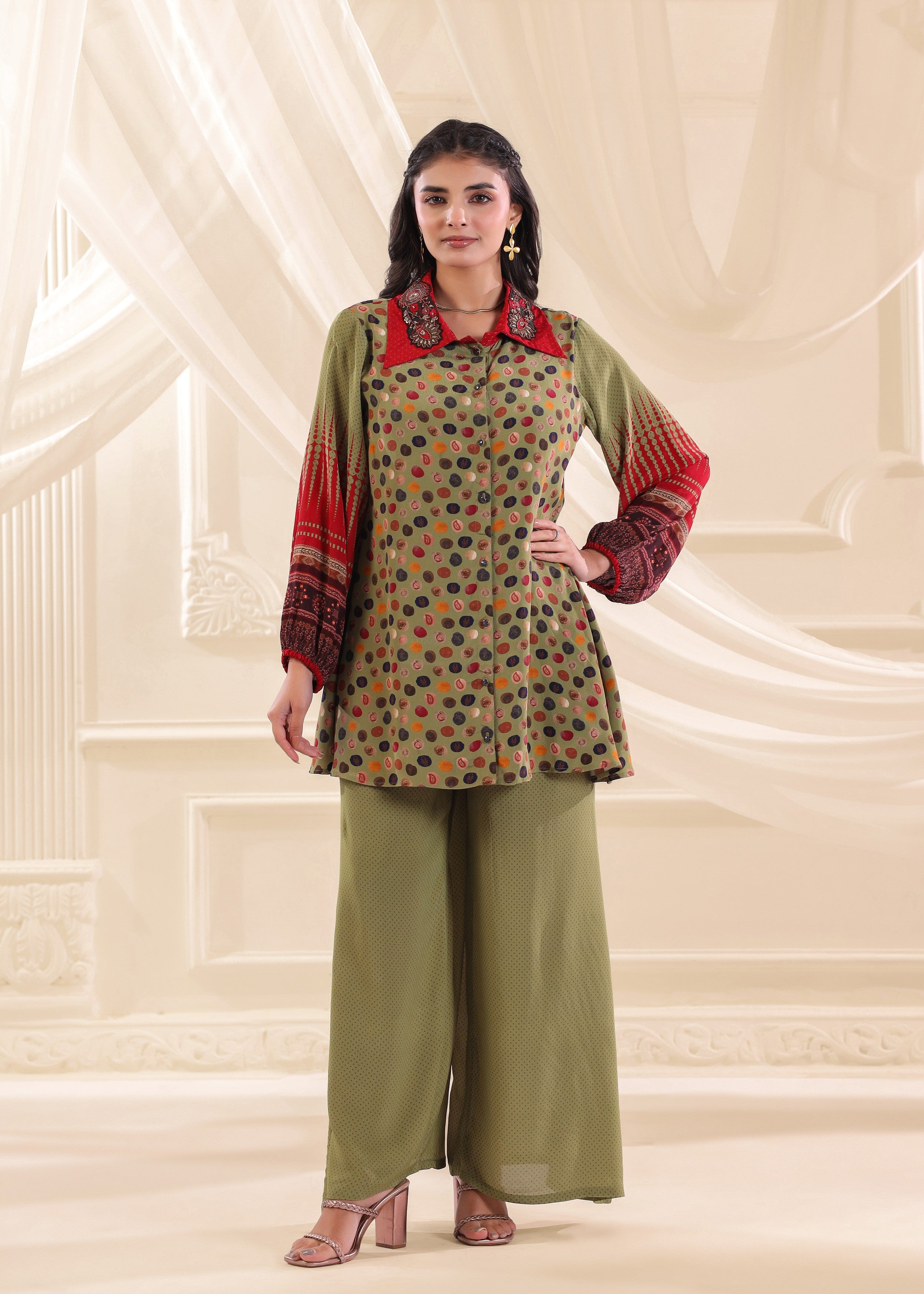 Olive Green Printed Crepe Silk Co-Ord Set