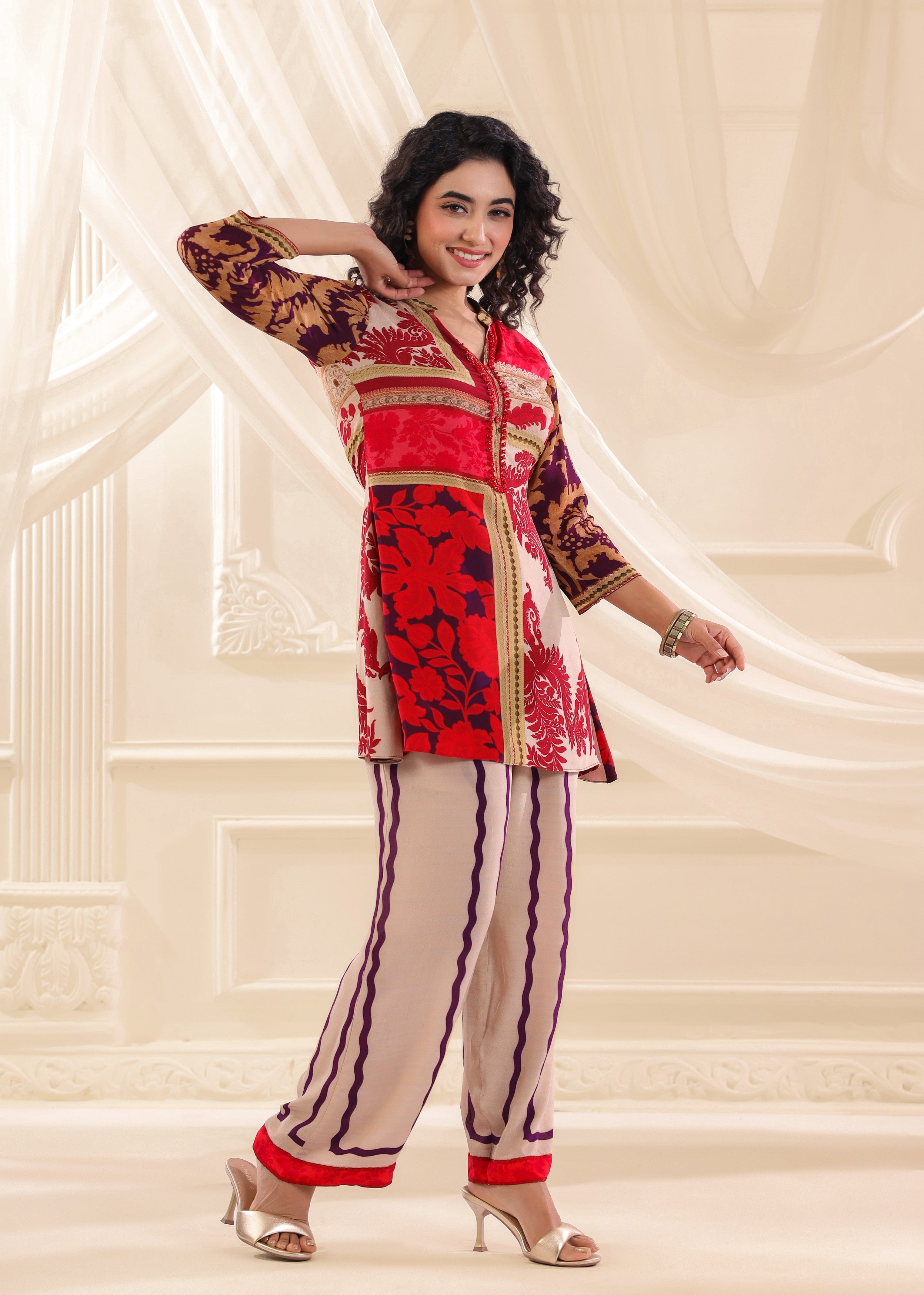 Crimson Cream Printed Crepe Silk Co-Ord Set