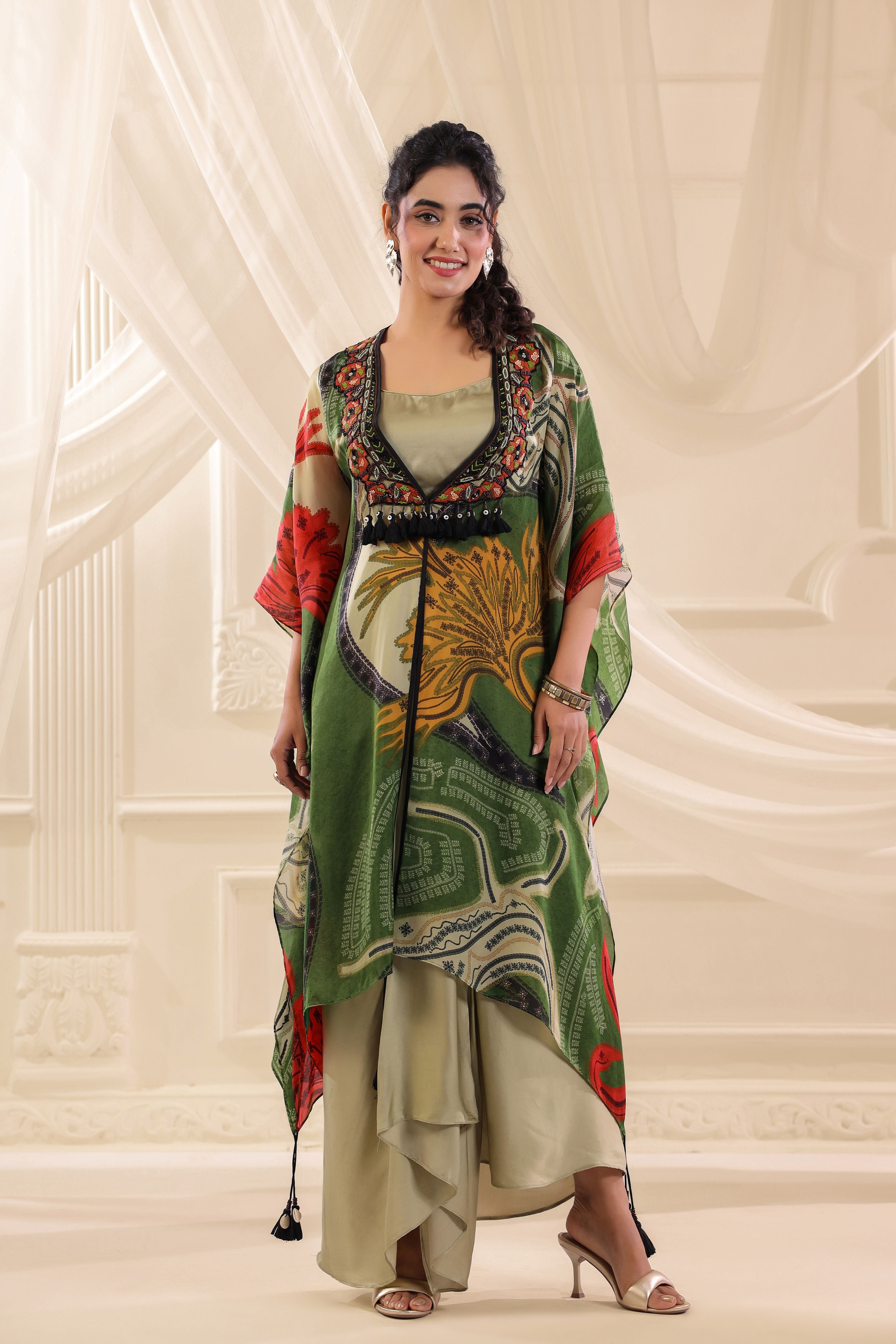 Moss Green Printed Satin Silk Cape Set