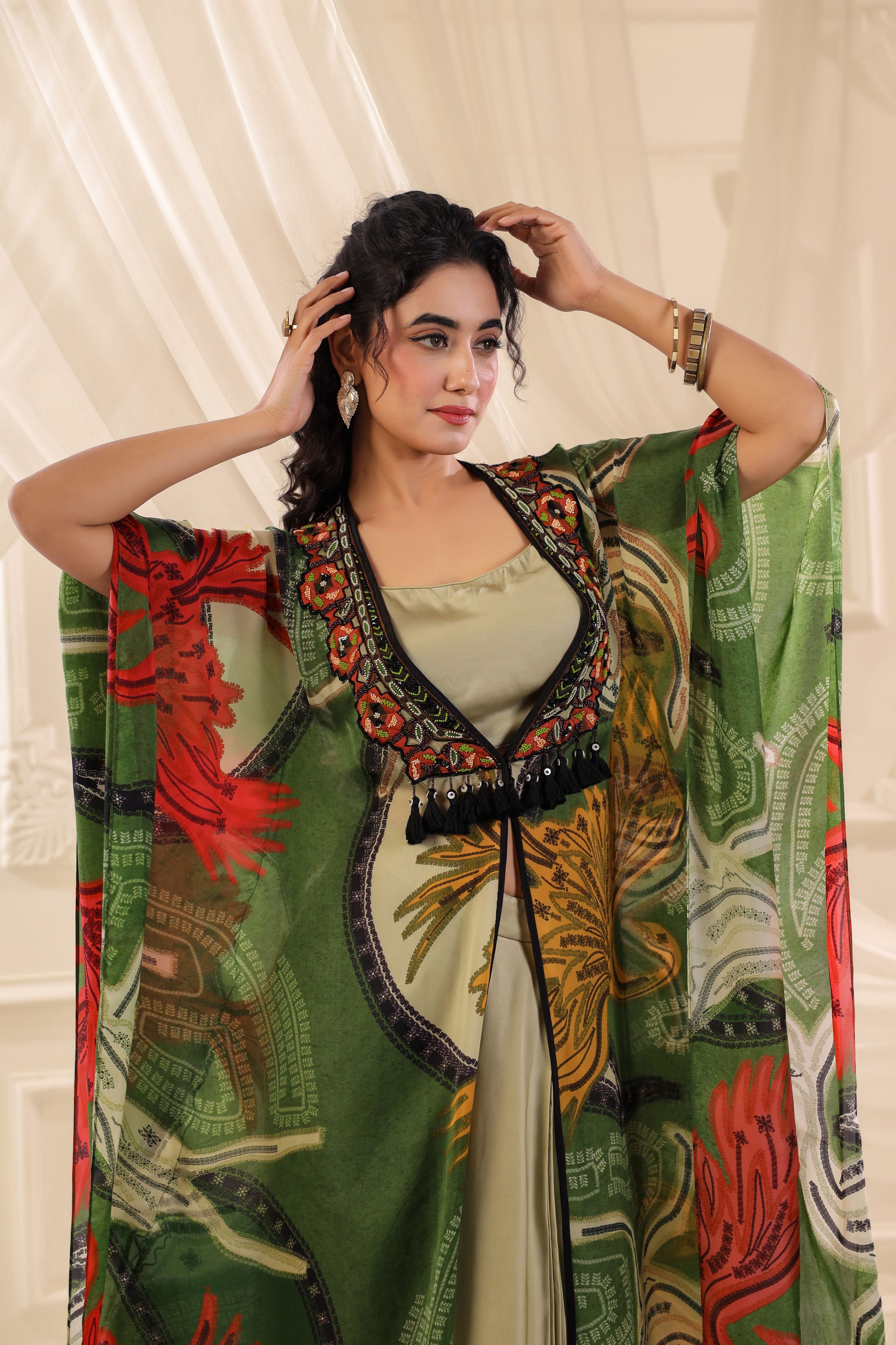 Moss Green Printed Satin Silk Cape Set