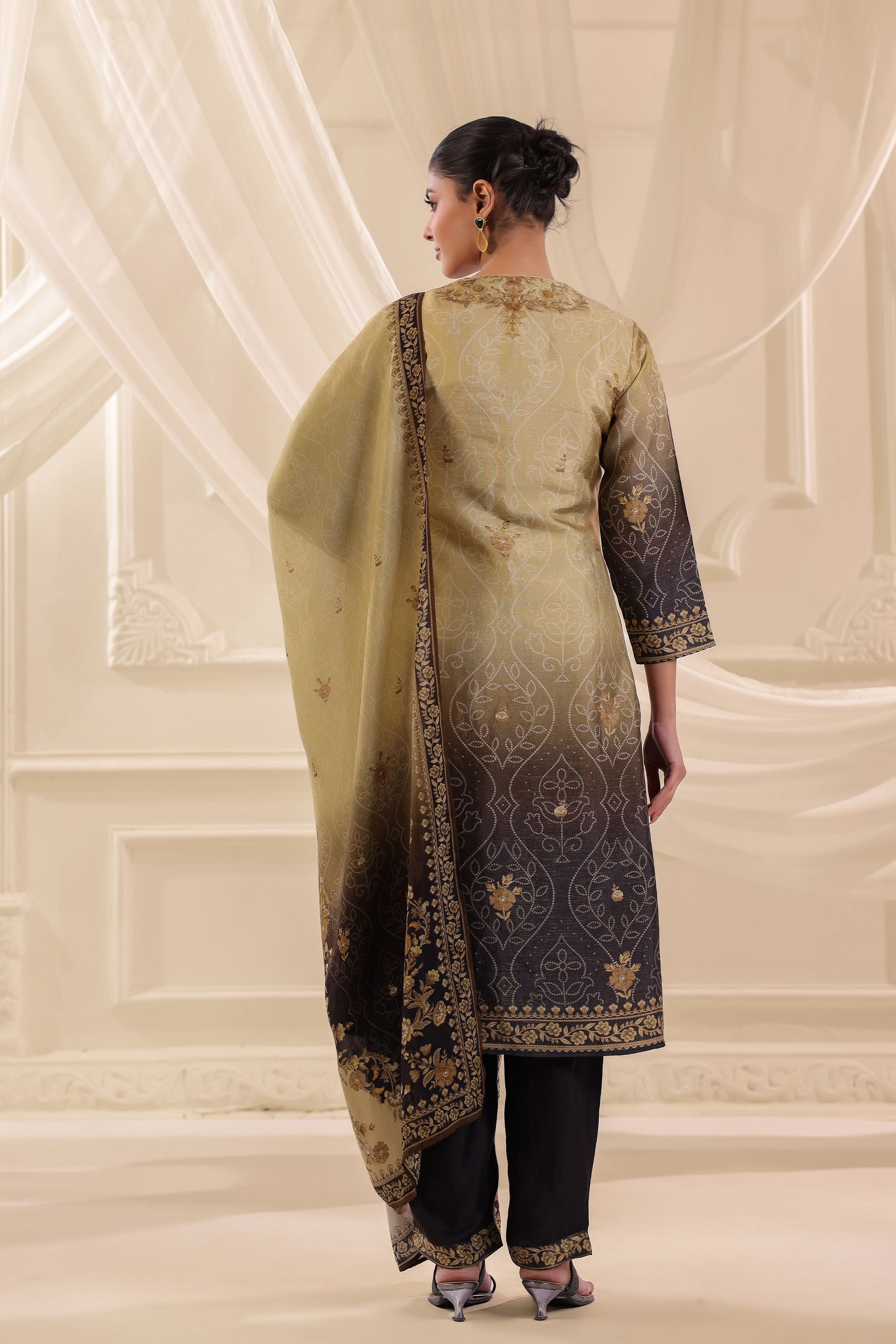 Olive Gold Ombre Printed Dola Silk Pant Set