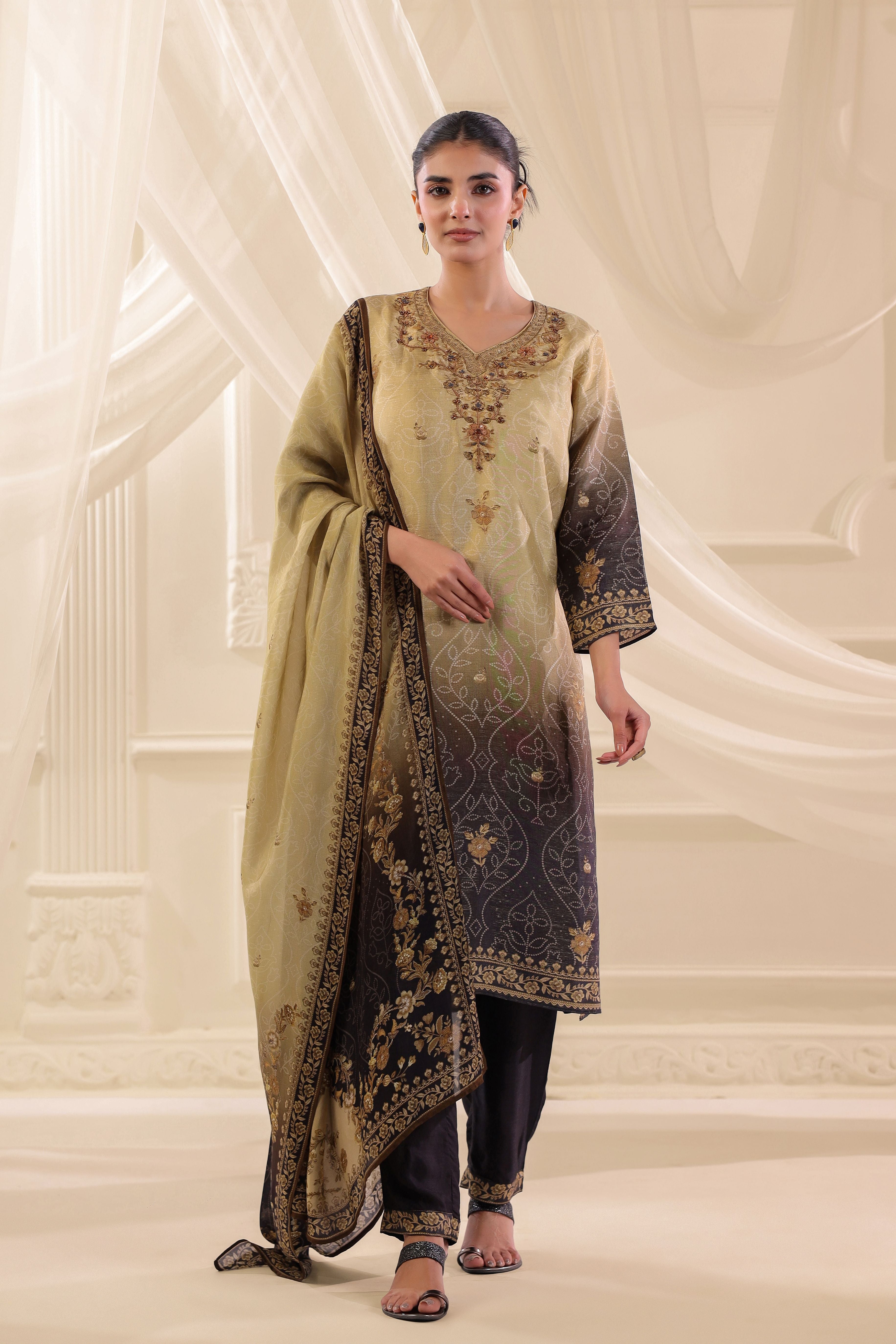 Olive Gold Ombre Printed Dola Silk Pant Set