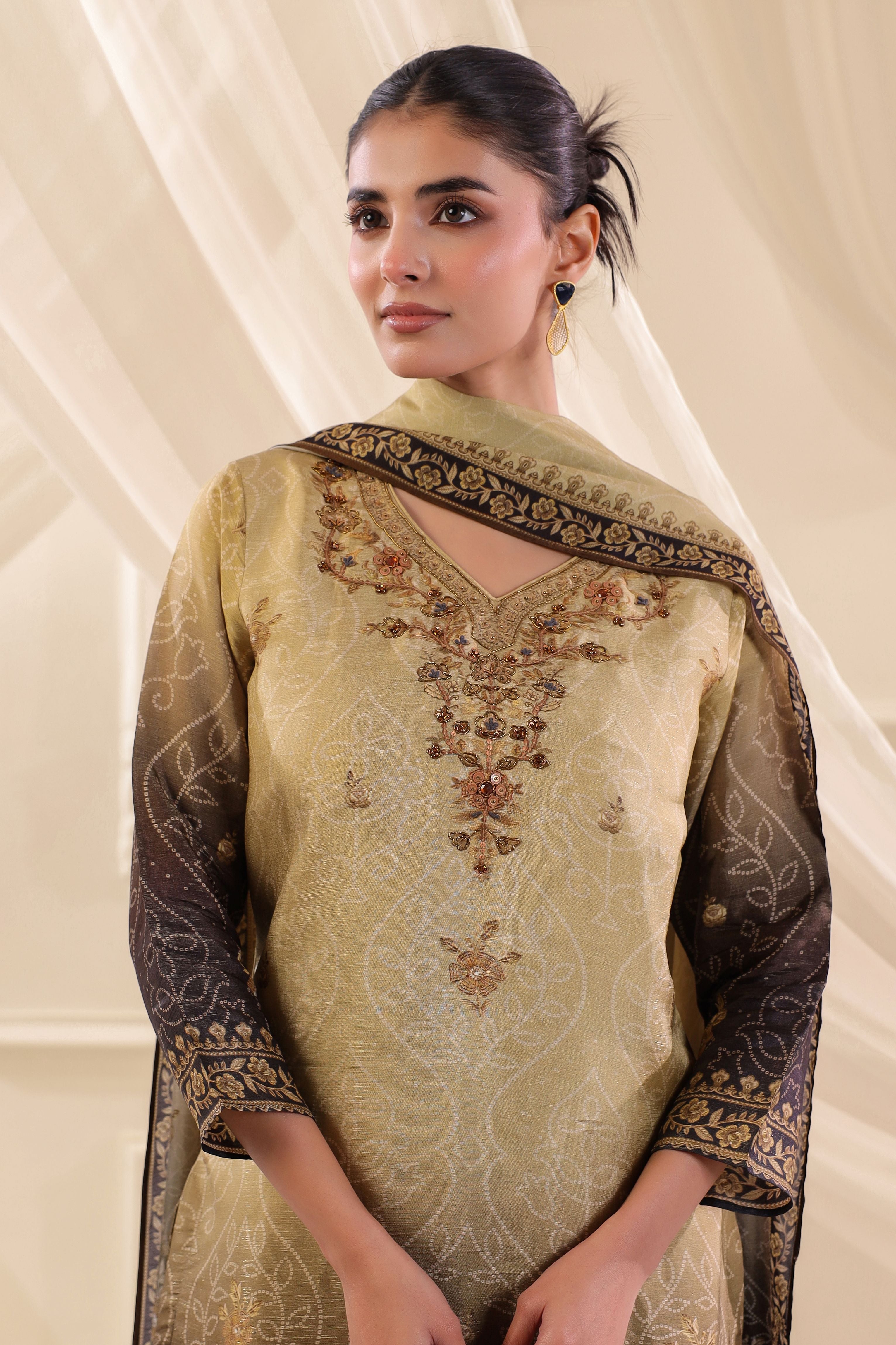 Olive Gold Ombre Printed Dola Silk Pant Set