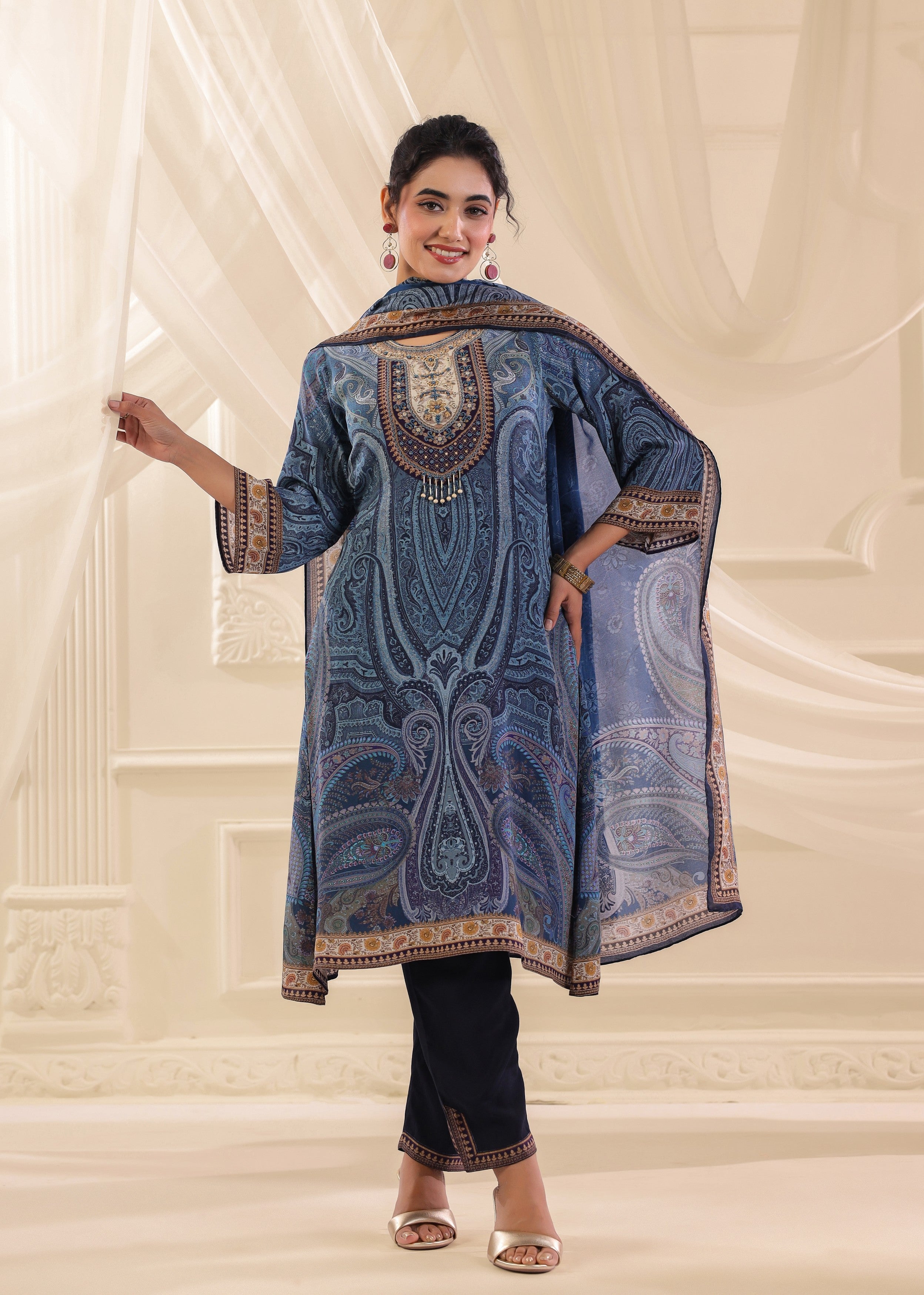 Cornflower Blue Printed Crepe Silk Pant Set