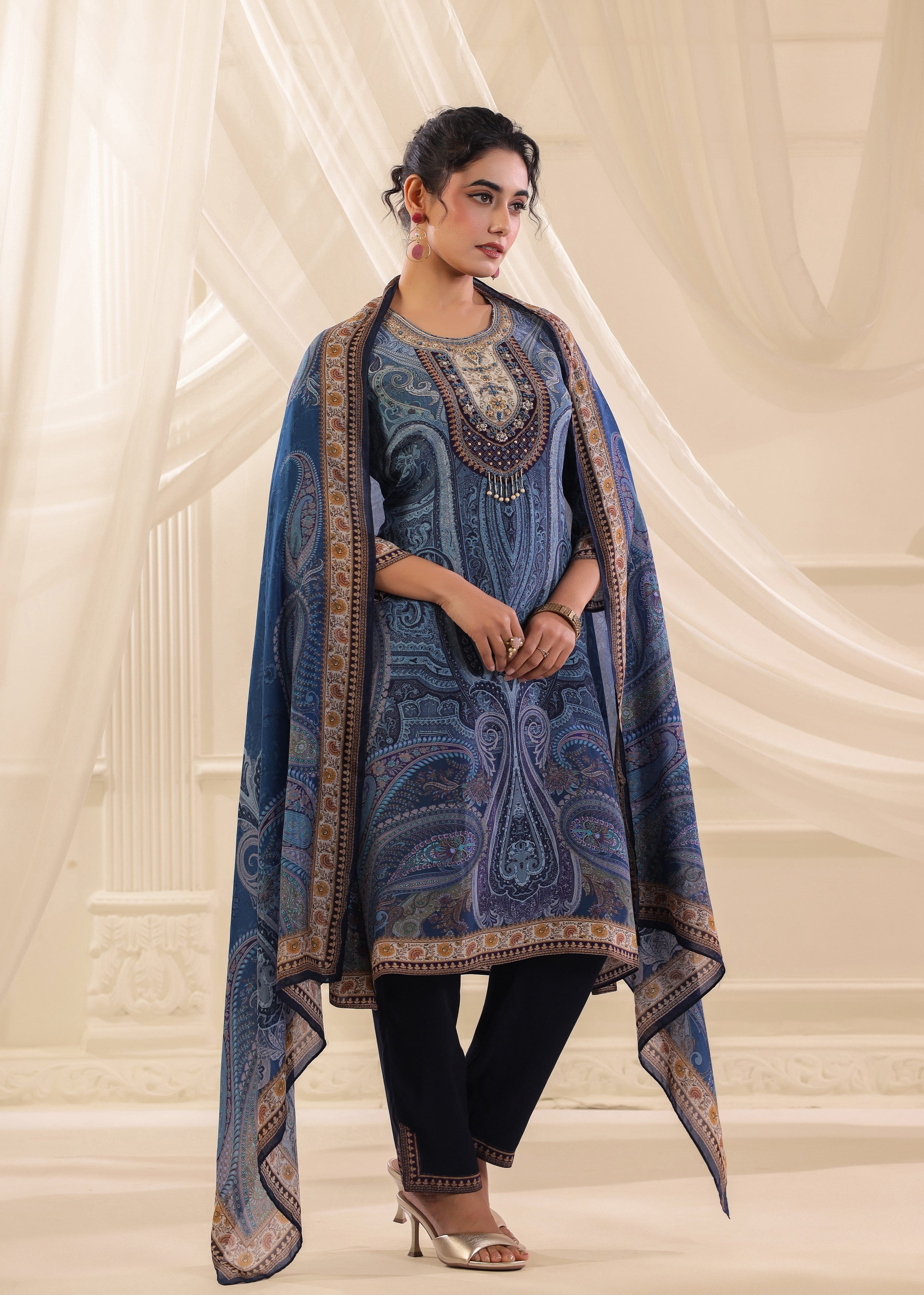 Cornflower Blue Printed Crepe Silk Pant Set