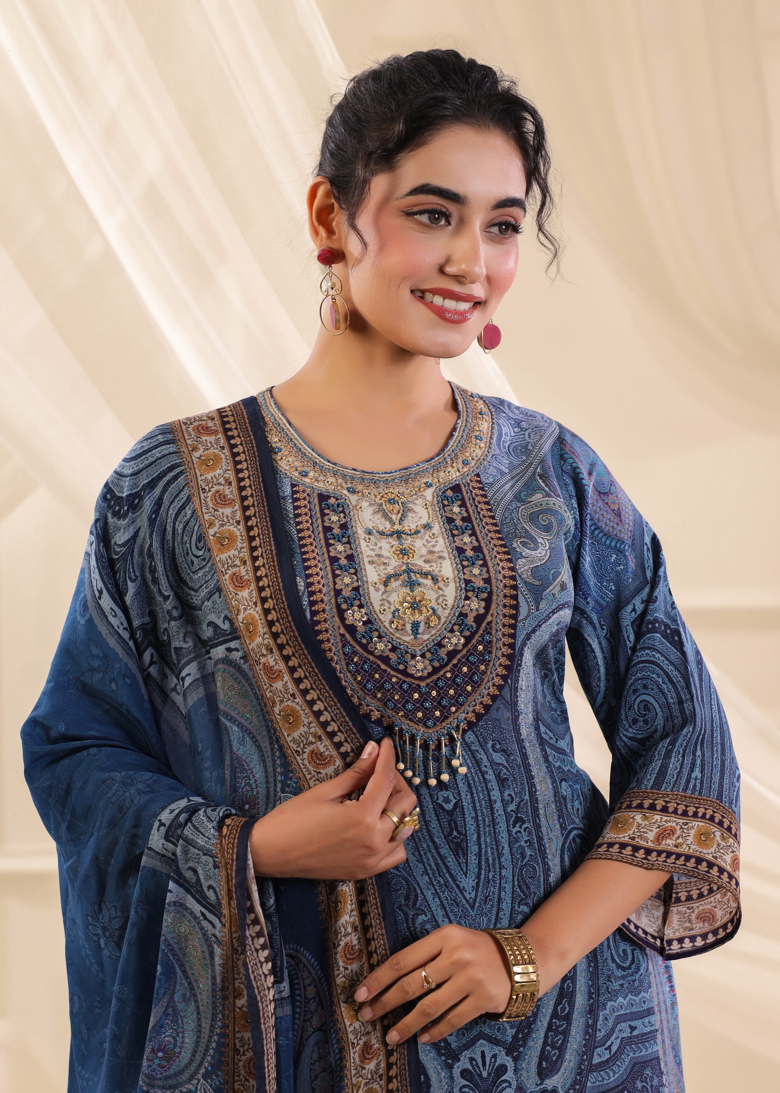 Cornflower Blue Printed Crepe Silk Pant Set