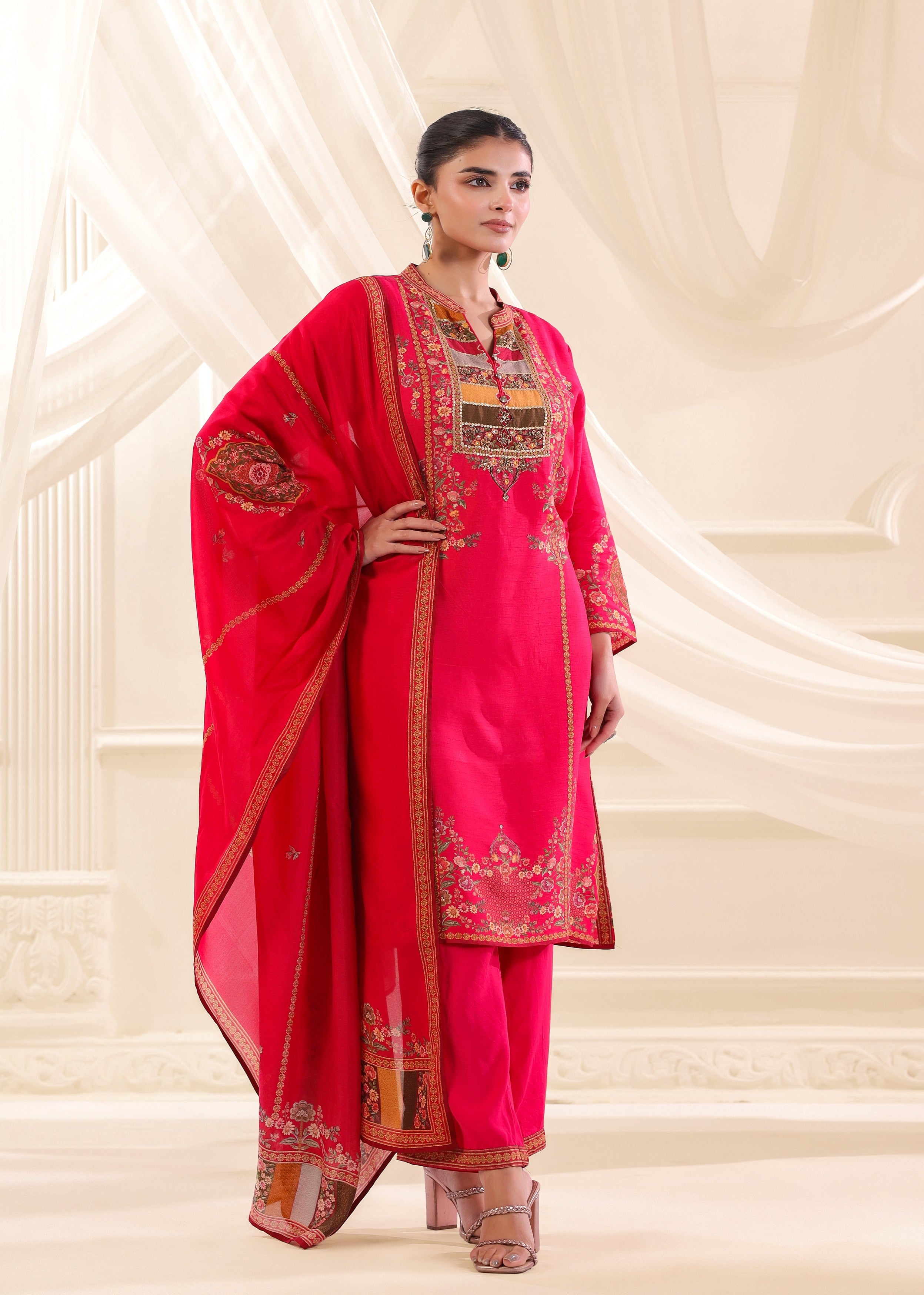 Fuchsia Pink Embellished Premium Silk Pant Set