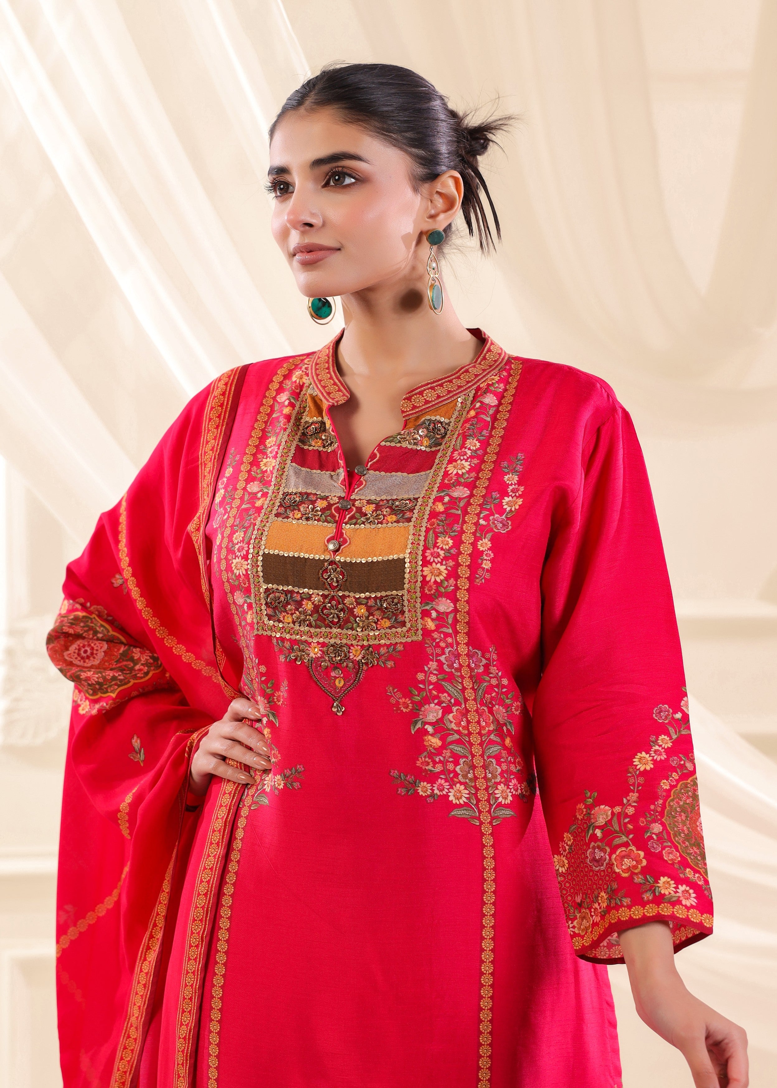 Fuchsia Pink Embellished Premium Silk Pant Set