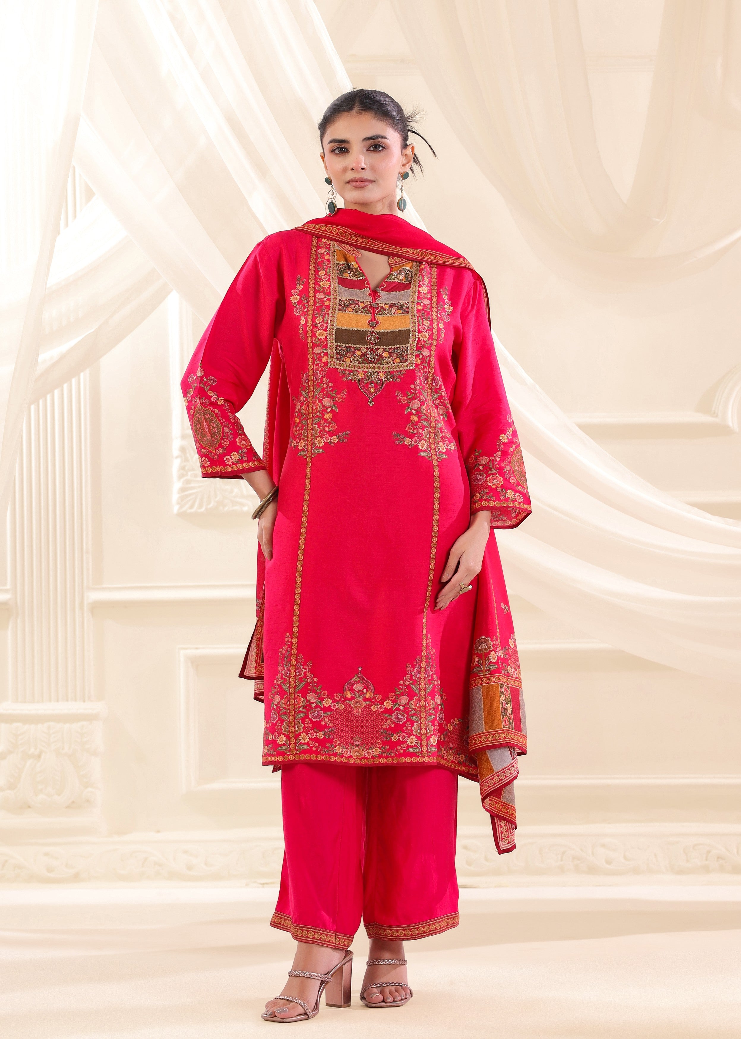 Fuchsia Pink Embellished Premium Silk Pant Set