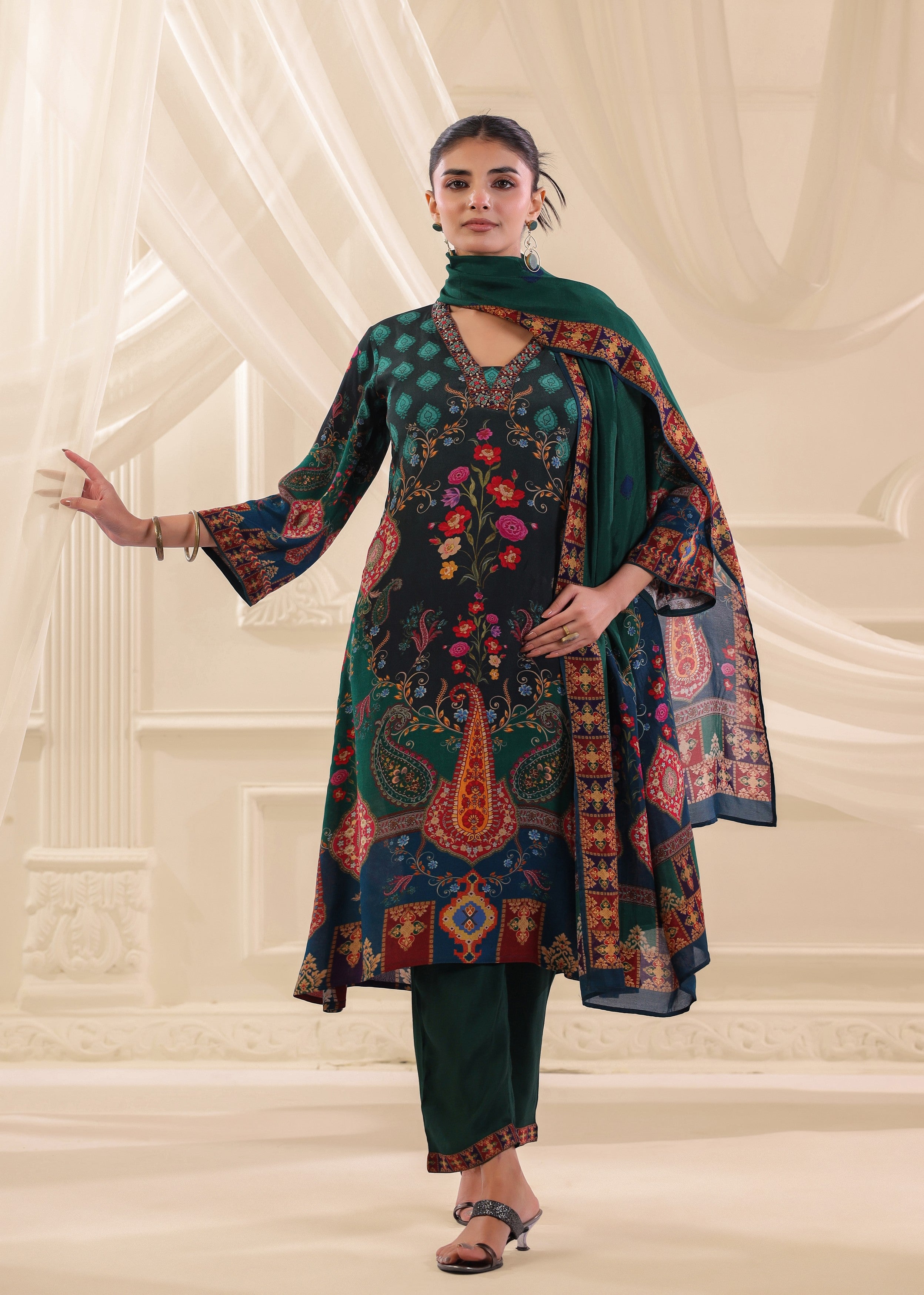 Bottle Green Printed Crepe Silk Pant Set