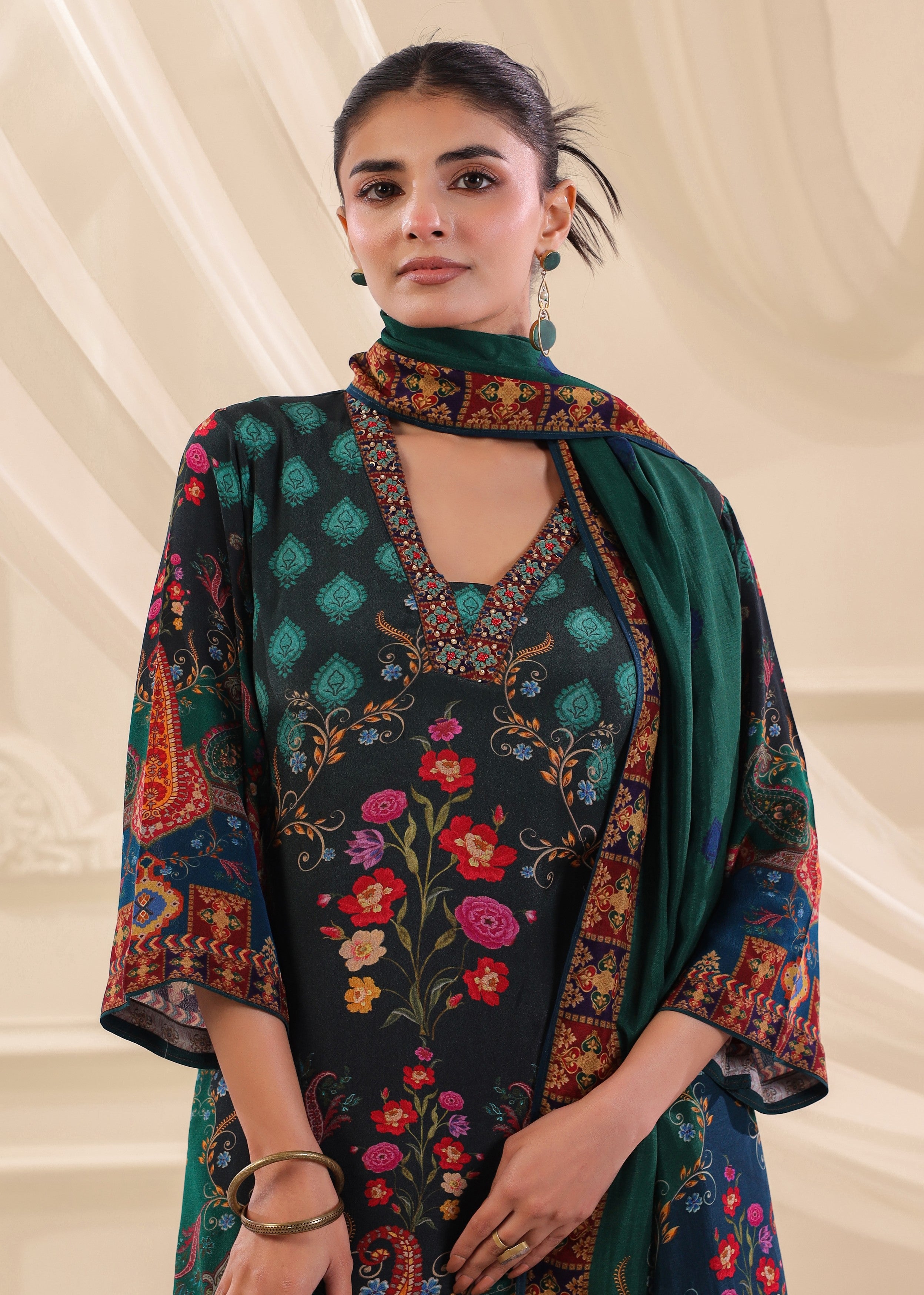 Bottle Green Printed Crepe Silk Pant Set