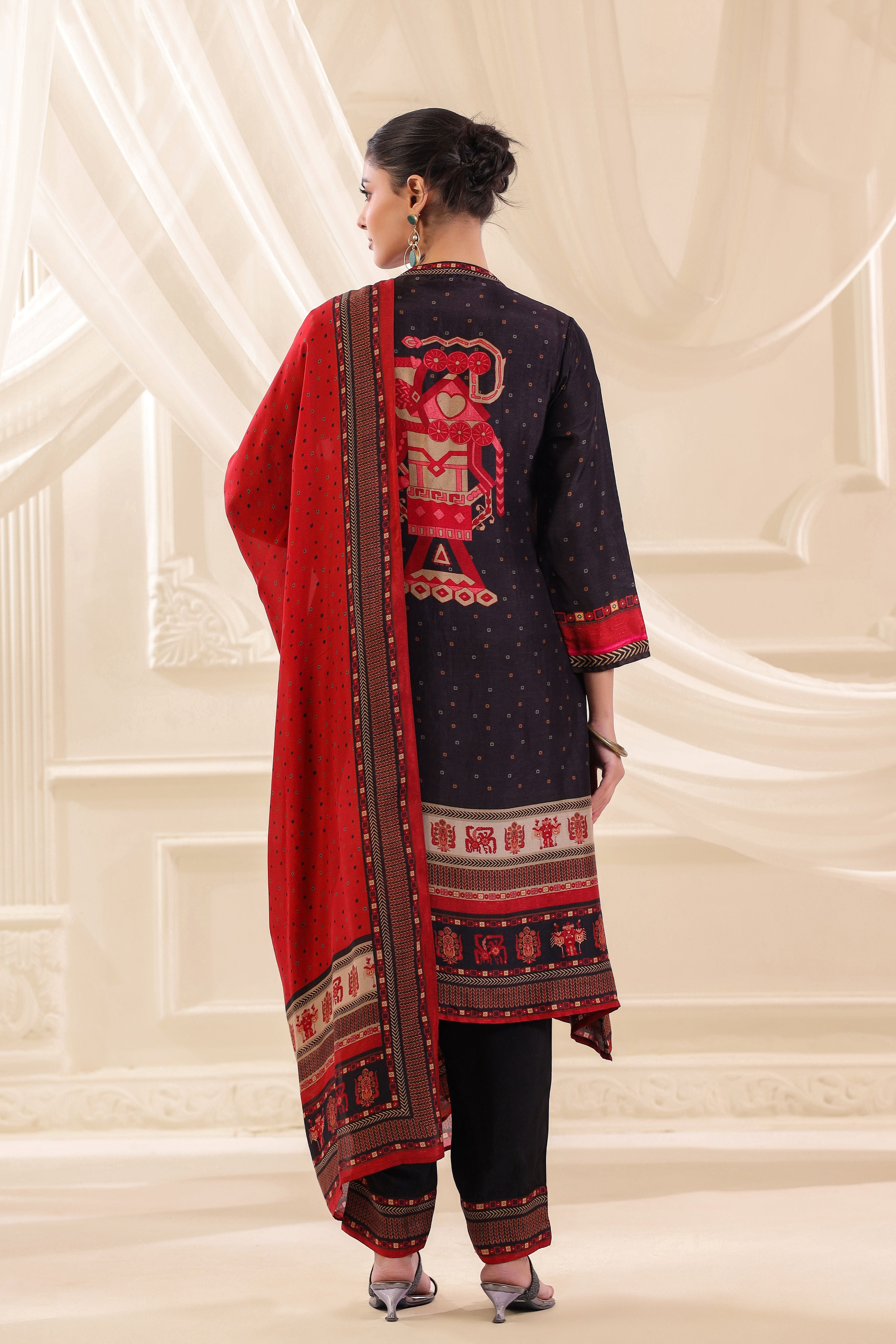 Dark Charcoal Printed Premium Silk Pant Set