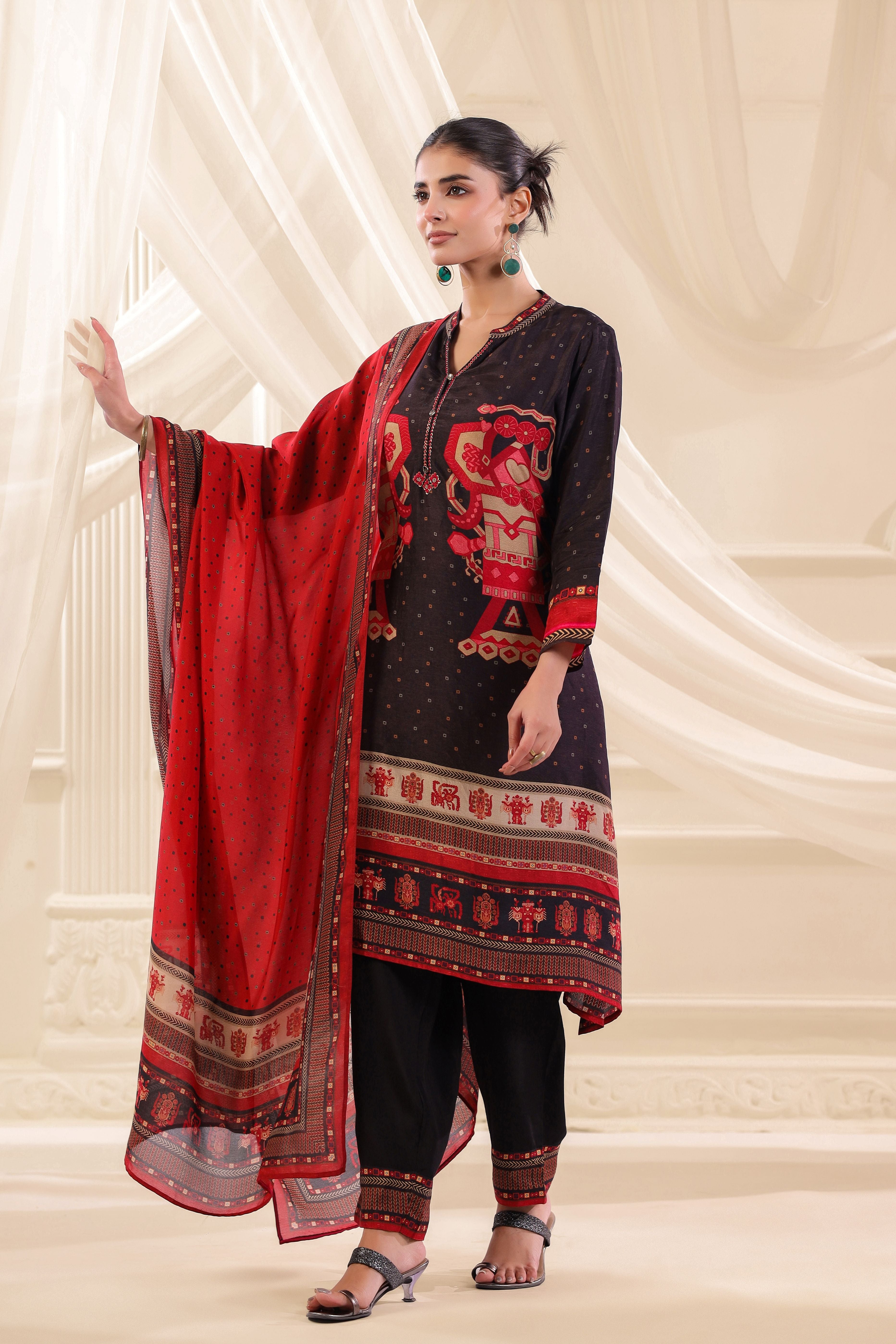 Dark Charcoal Printed Premium Silk Pant Set
