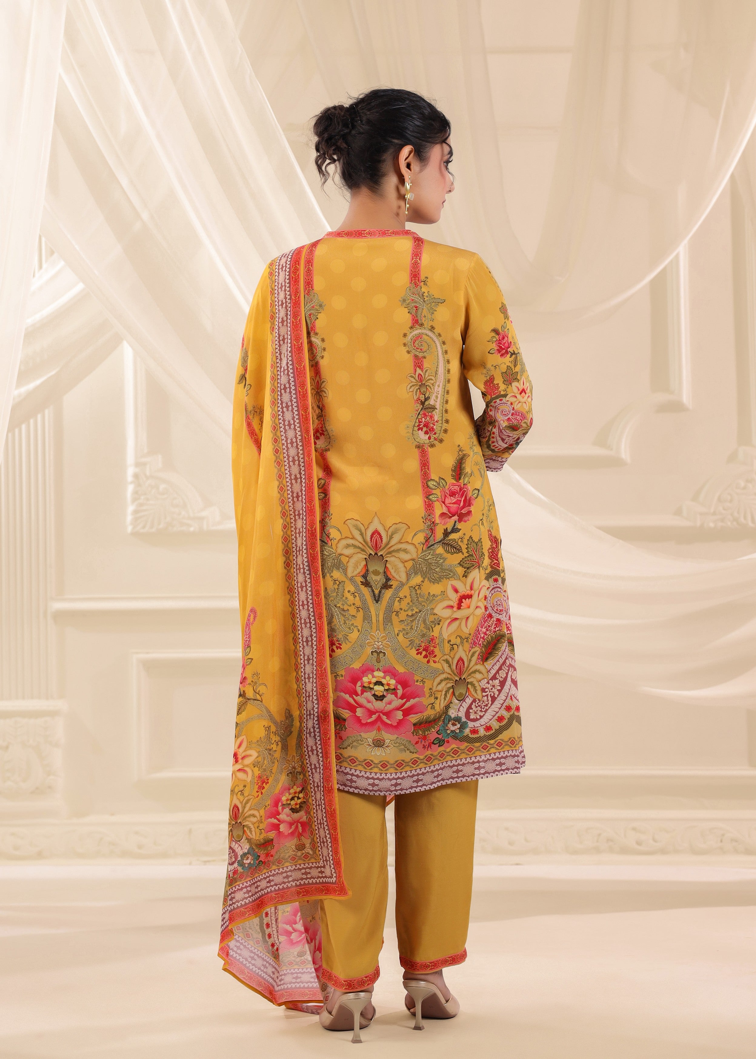 Golden Yellow Printed Crepe Silk Pant Set