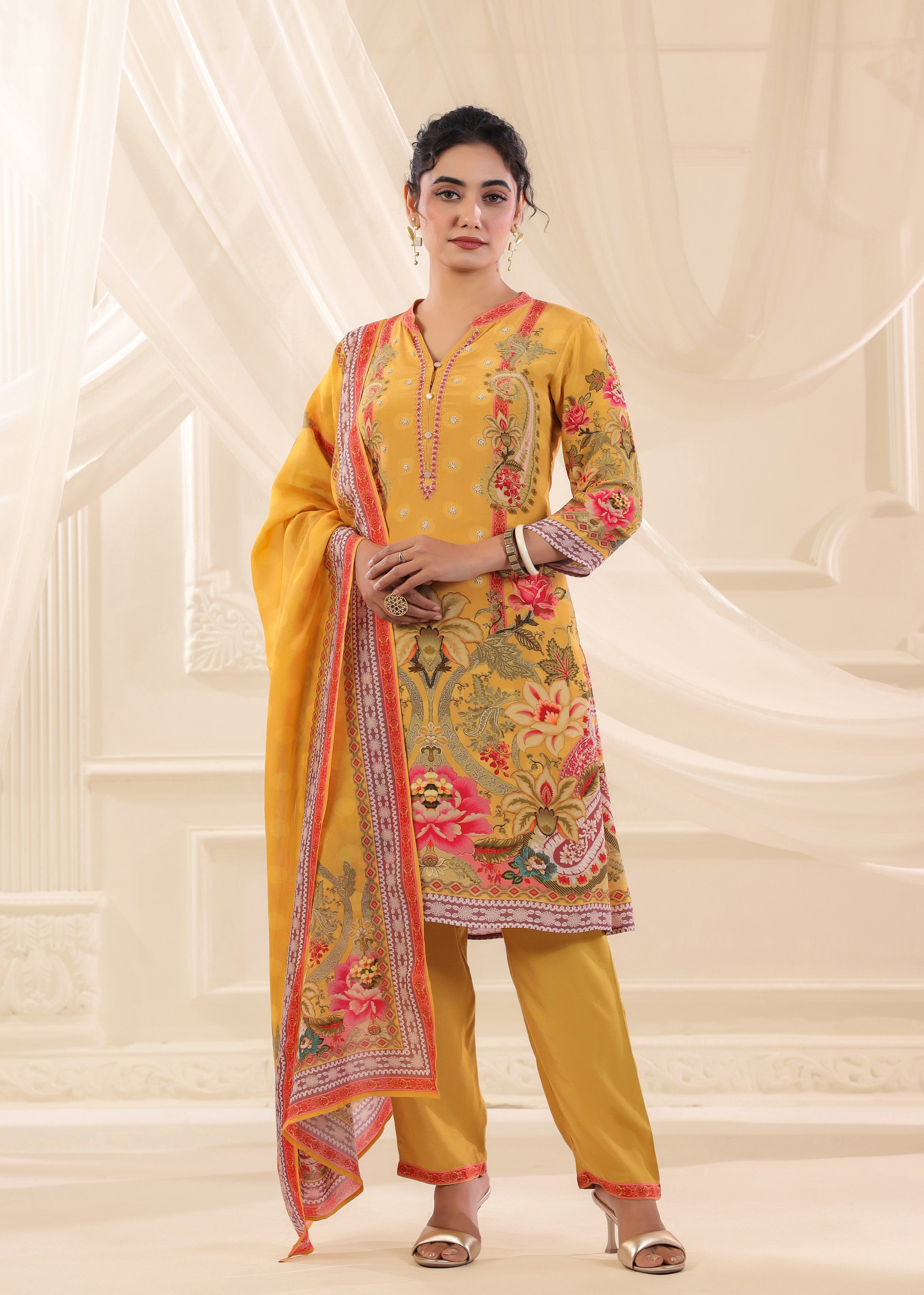 Golden Yellow Printed Crepe Silk Pant Set