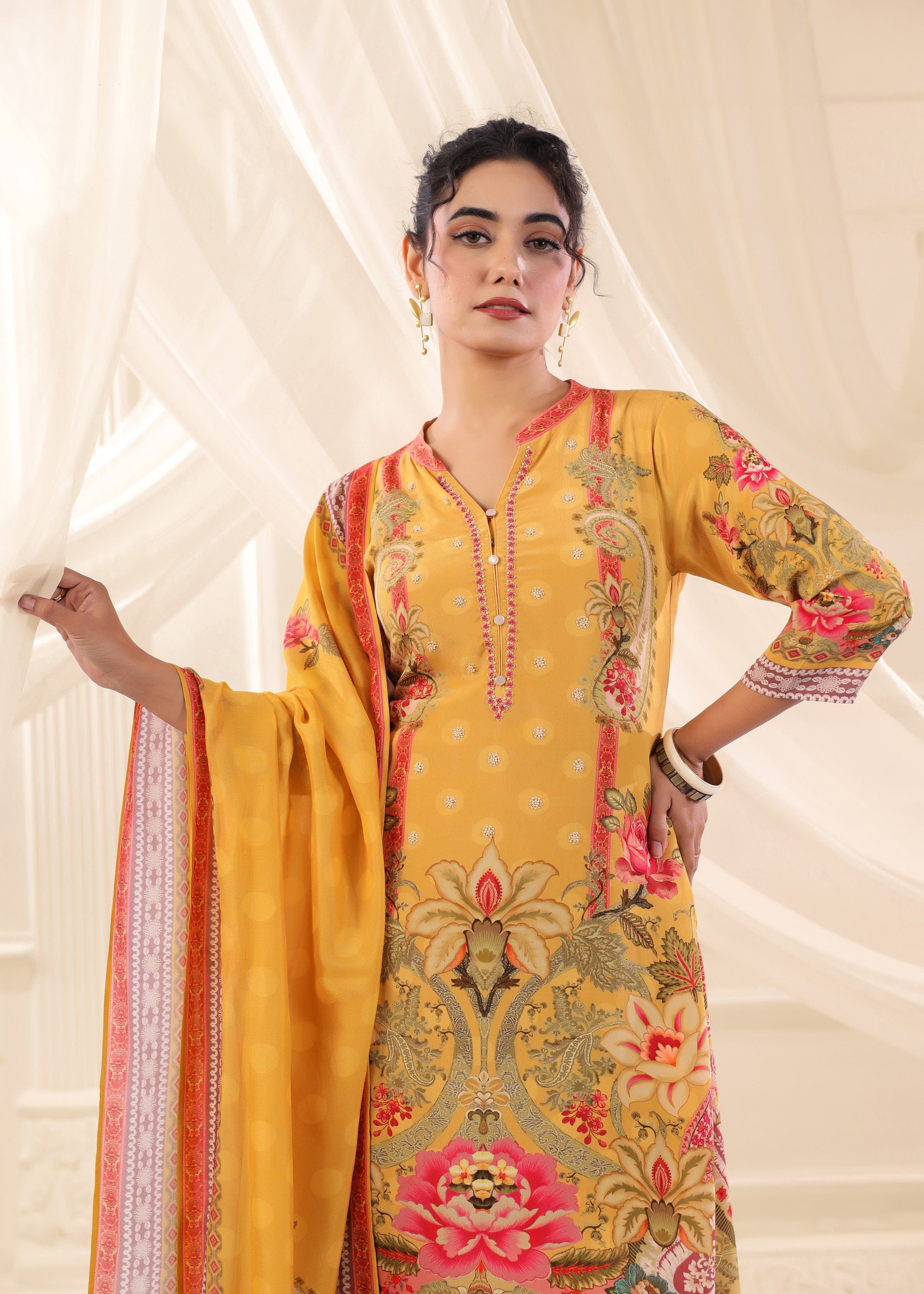 Golden Yellow Printed Crepe Silk Pant Set