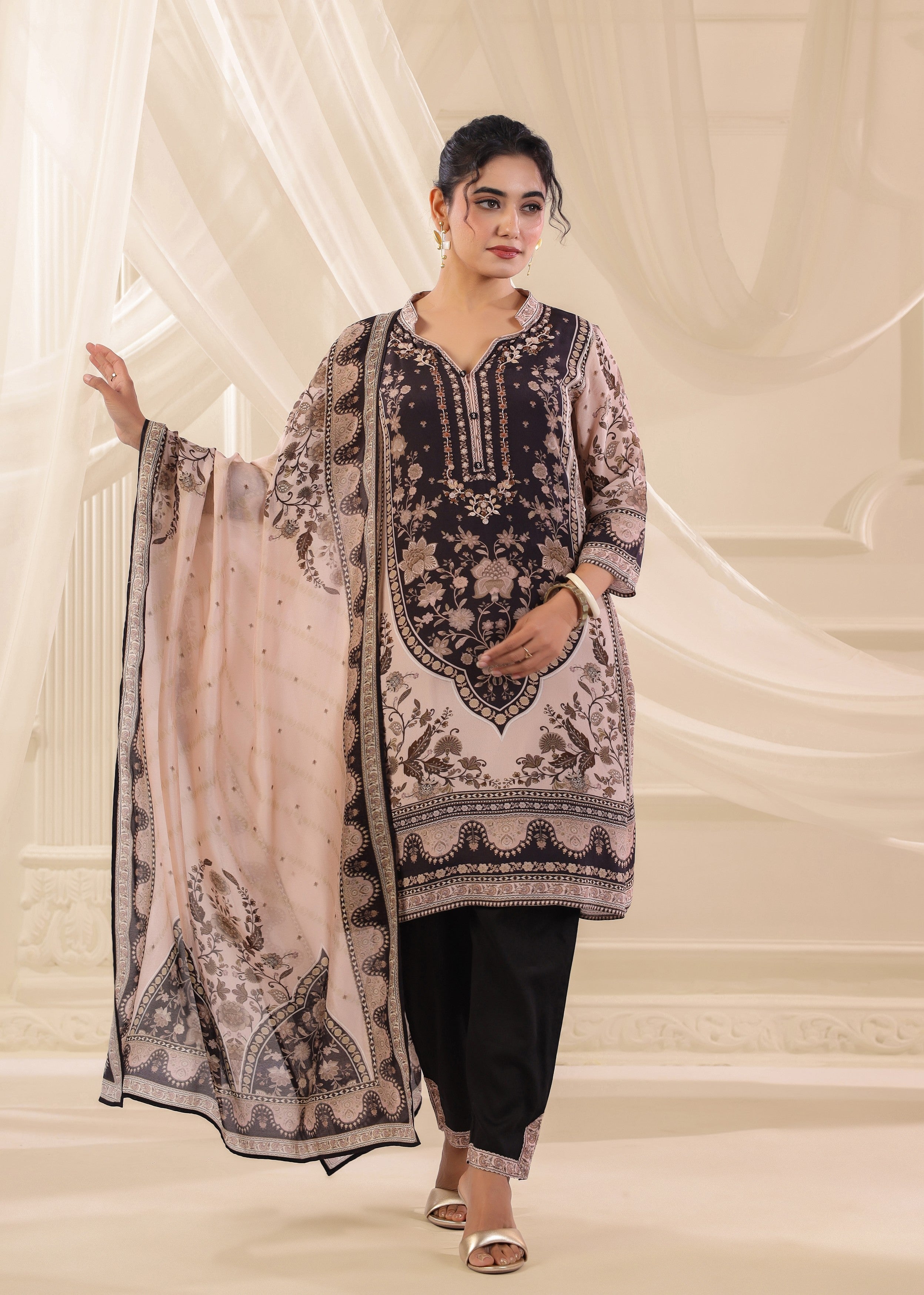 Blush Mocha Printed Crepe Silk Pant Set