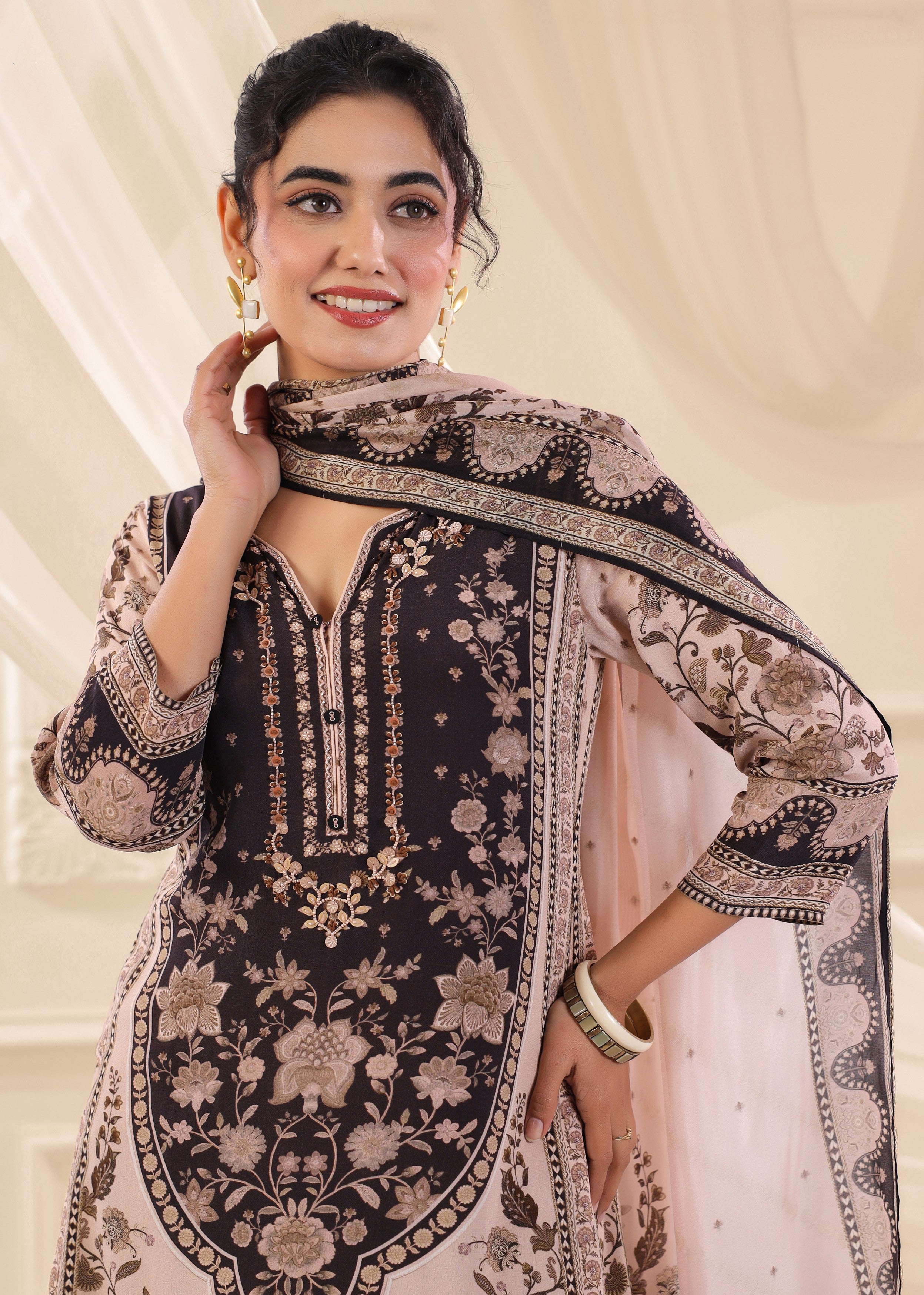 Blush Mocha Printed Crepe Silk Pant Set