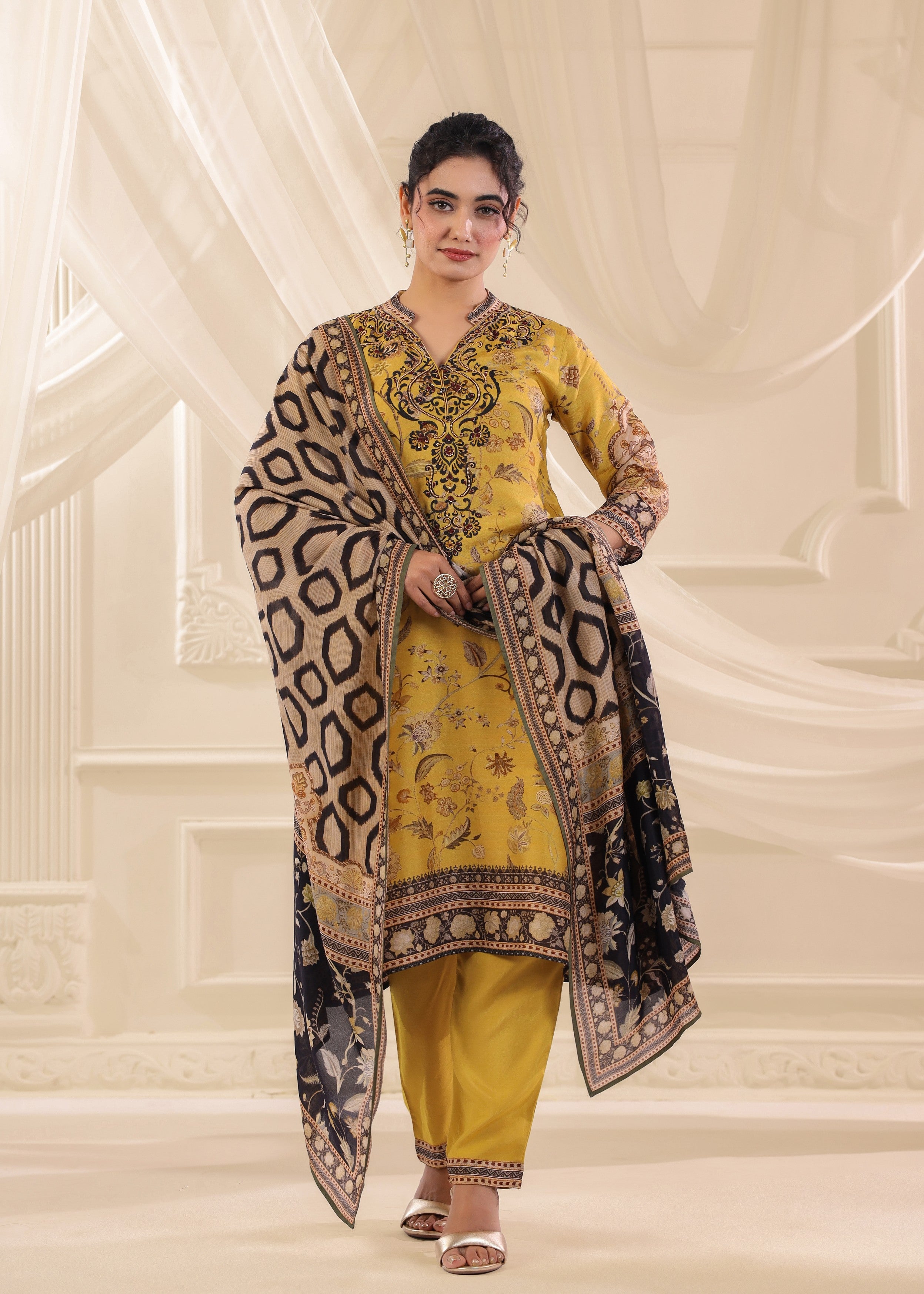 Mustard Yellow Printed Dola Silk Pant Set