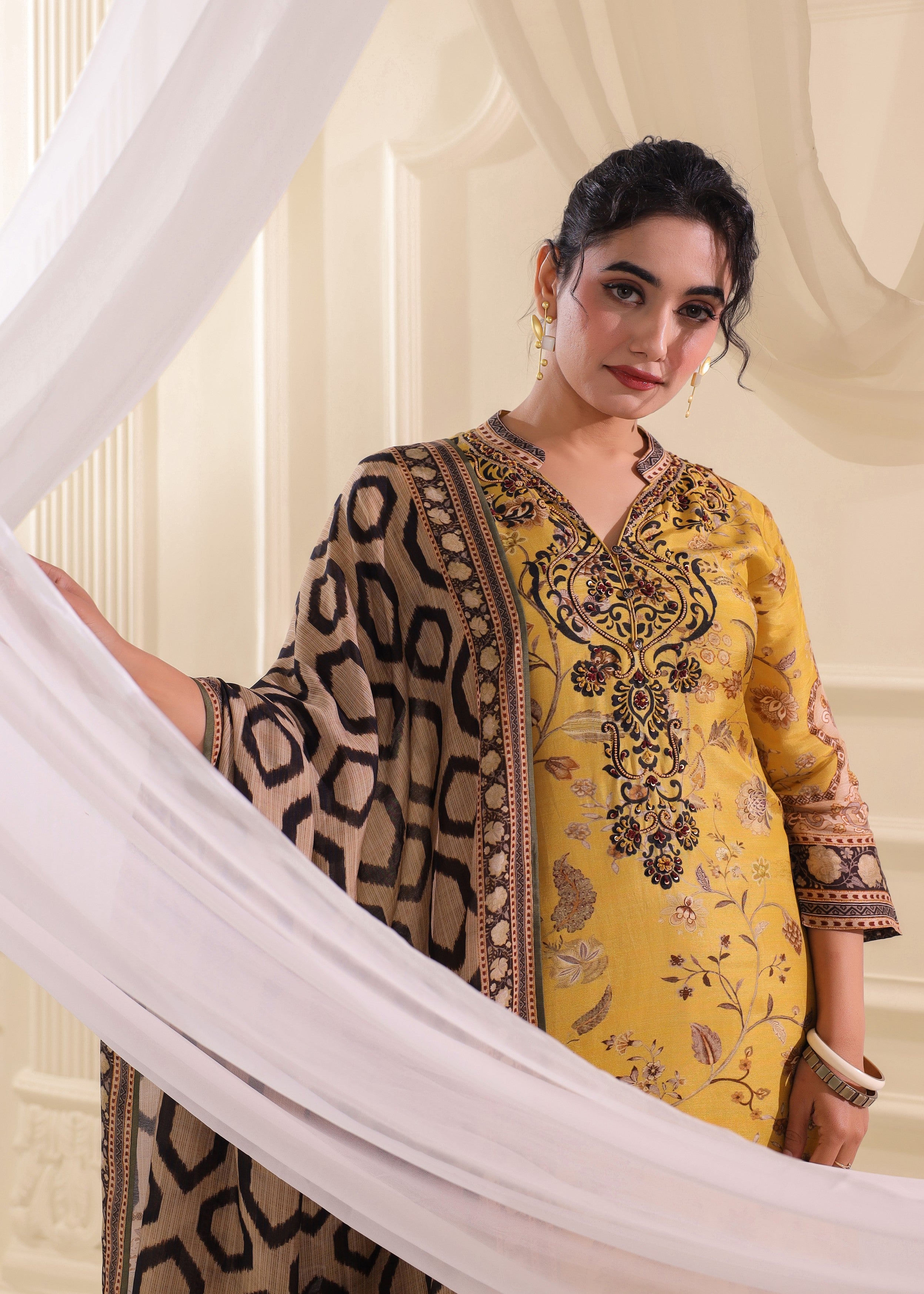 Mustard Yellow Printed Dola Silk Pant Set