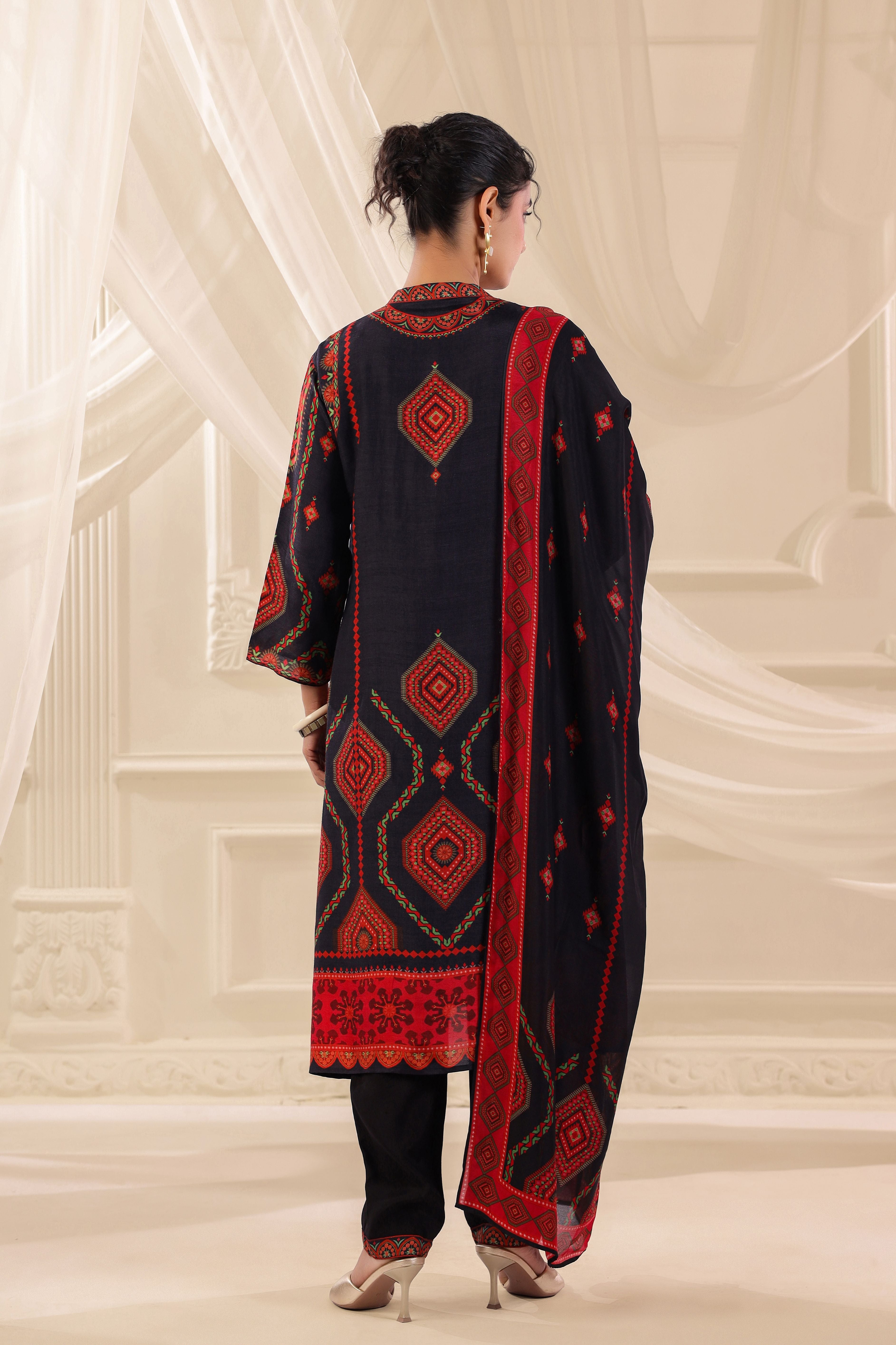 Ink Blue Printed Dola Silk Pant Set