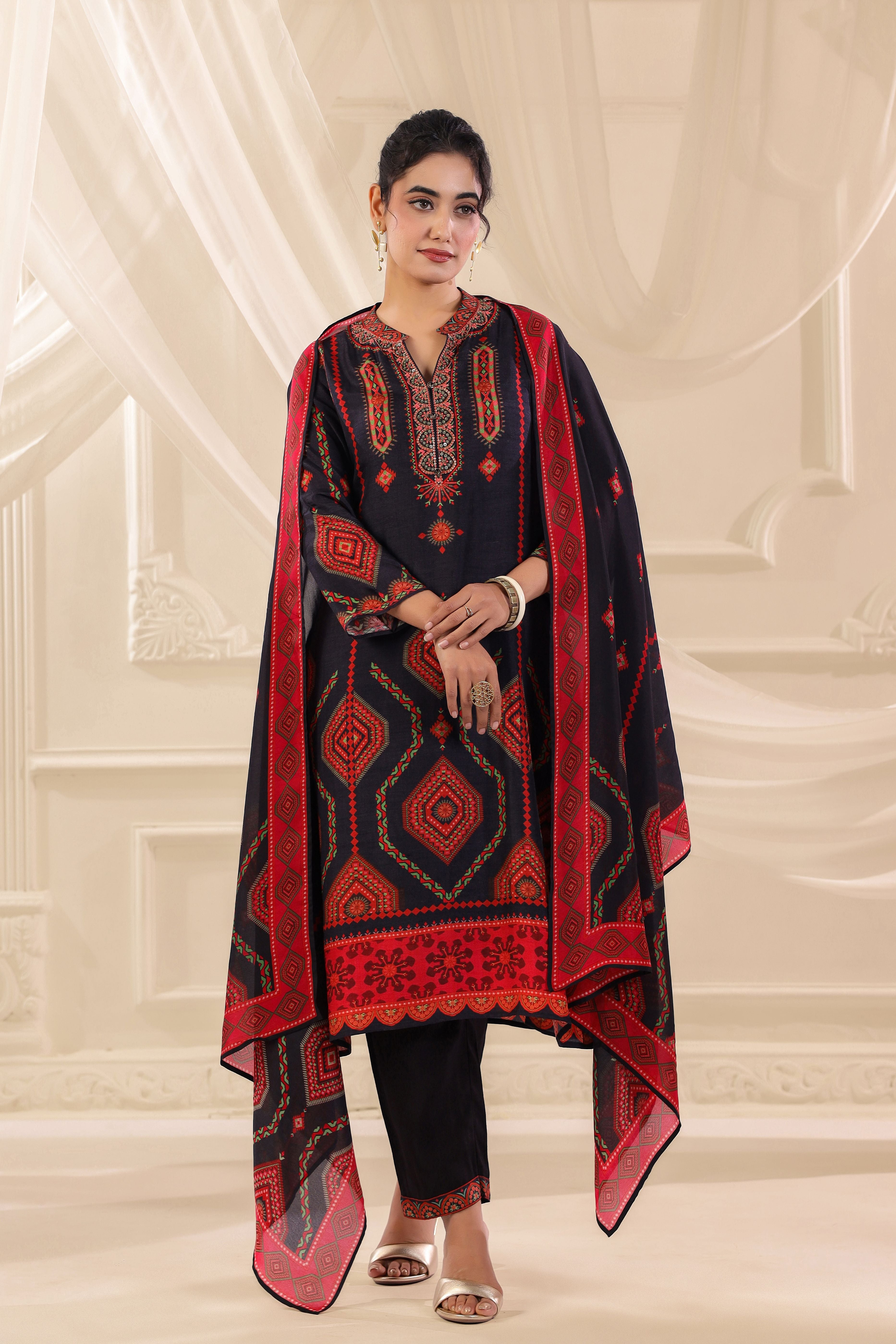 Ink Blue Printed Dola Silk Pant Set