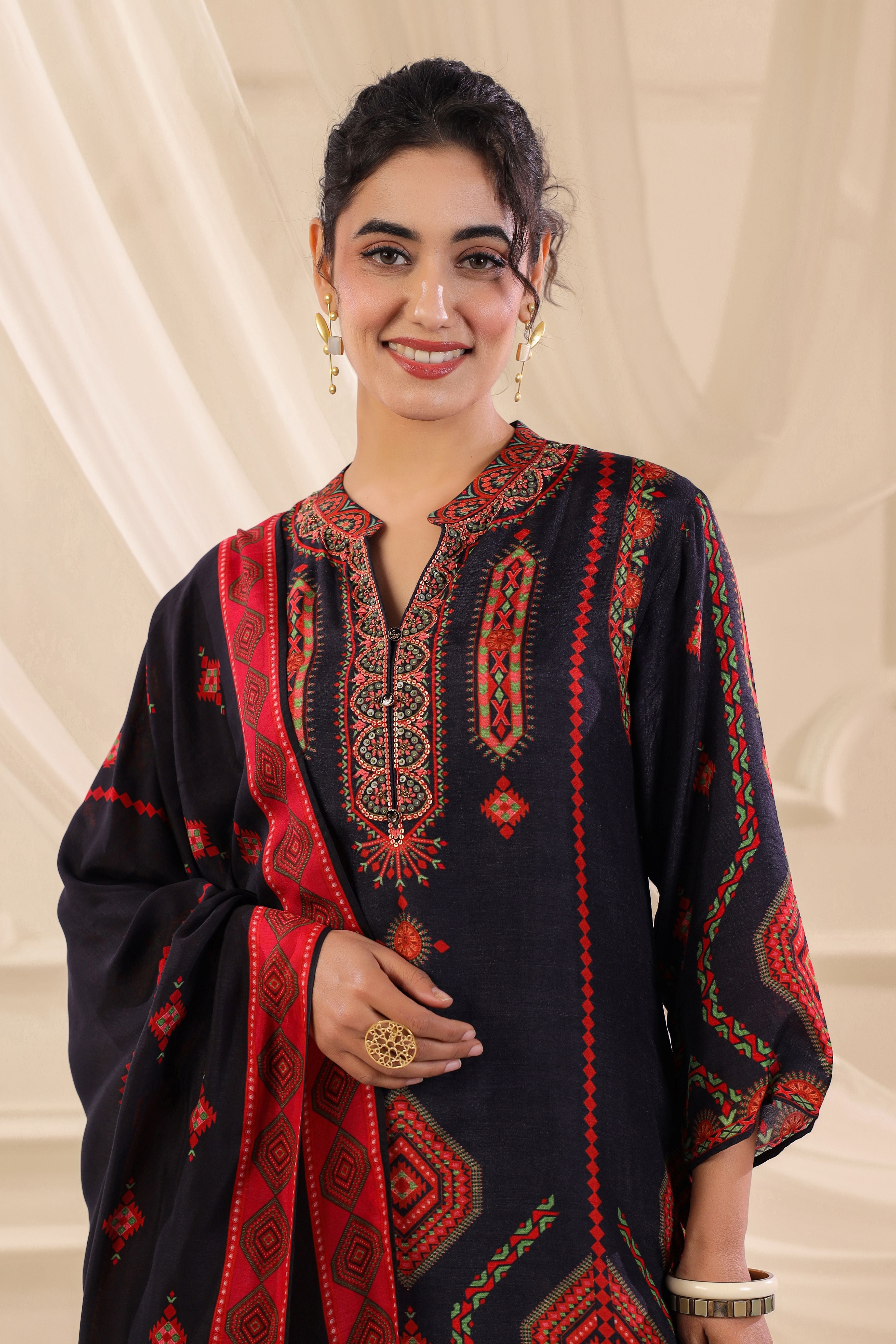 Ink Blue Printed Dola Silk Pant Set