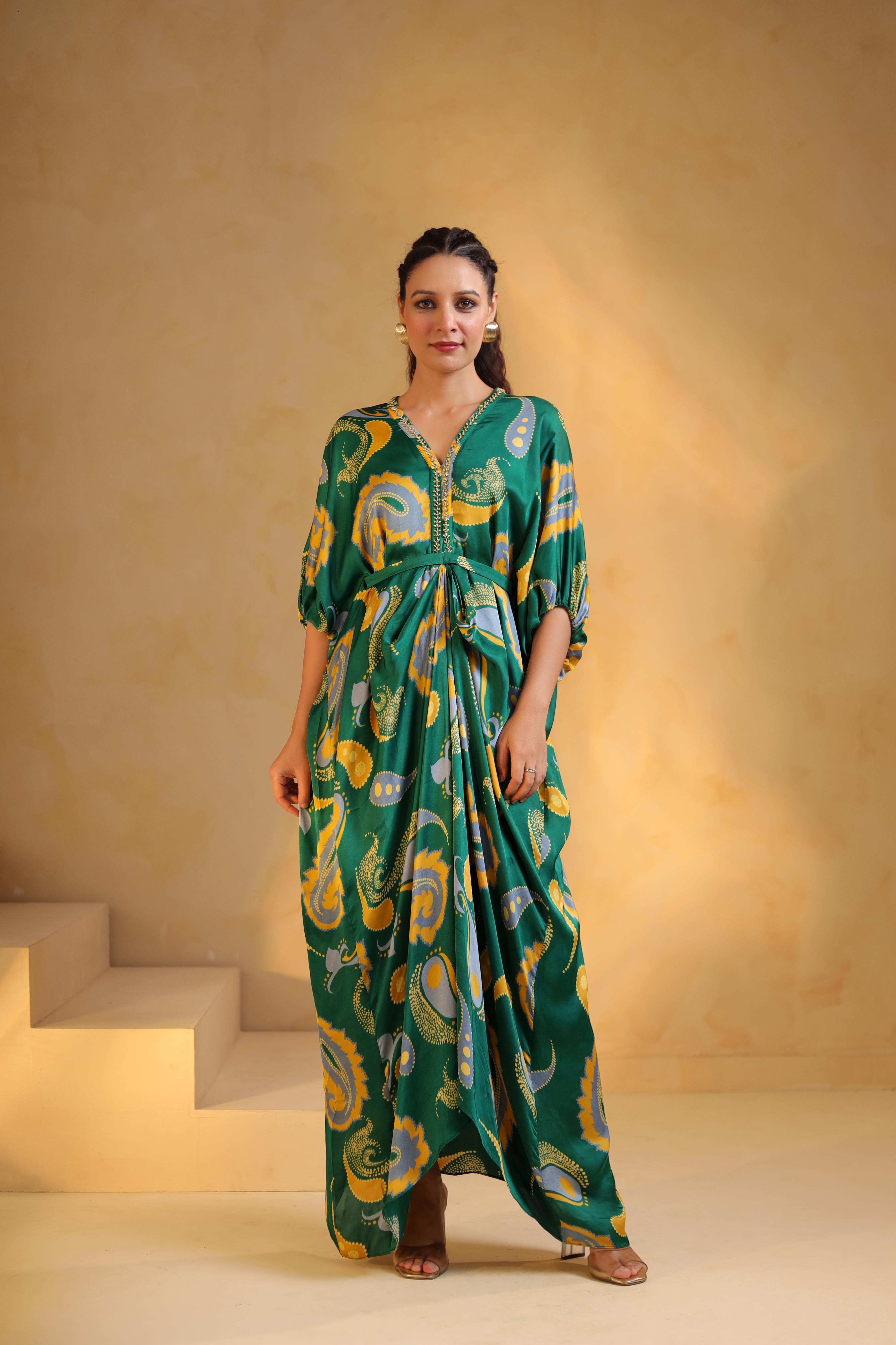 Rich Green Printed Modal Satin Dress
