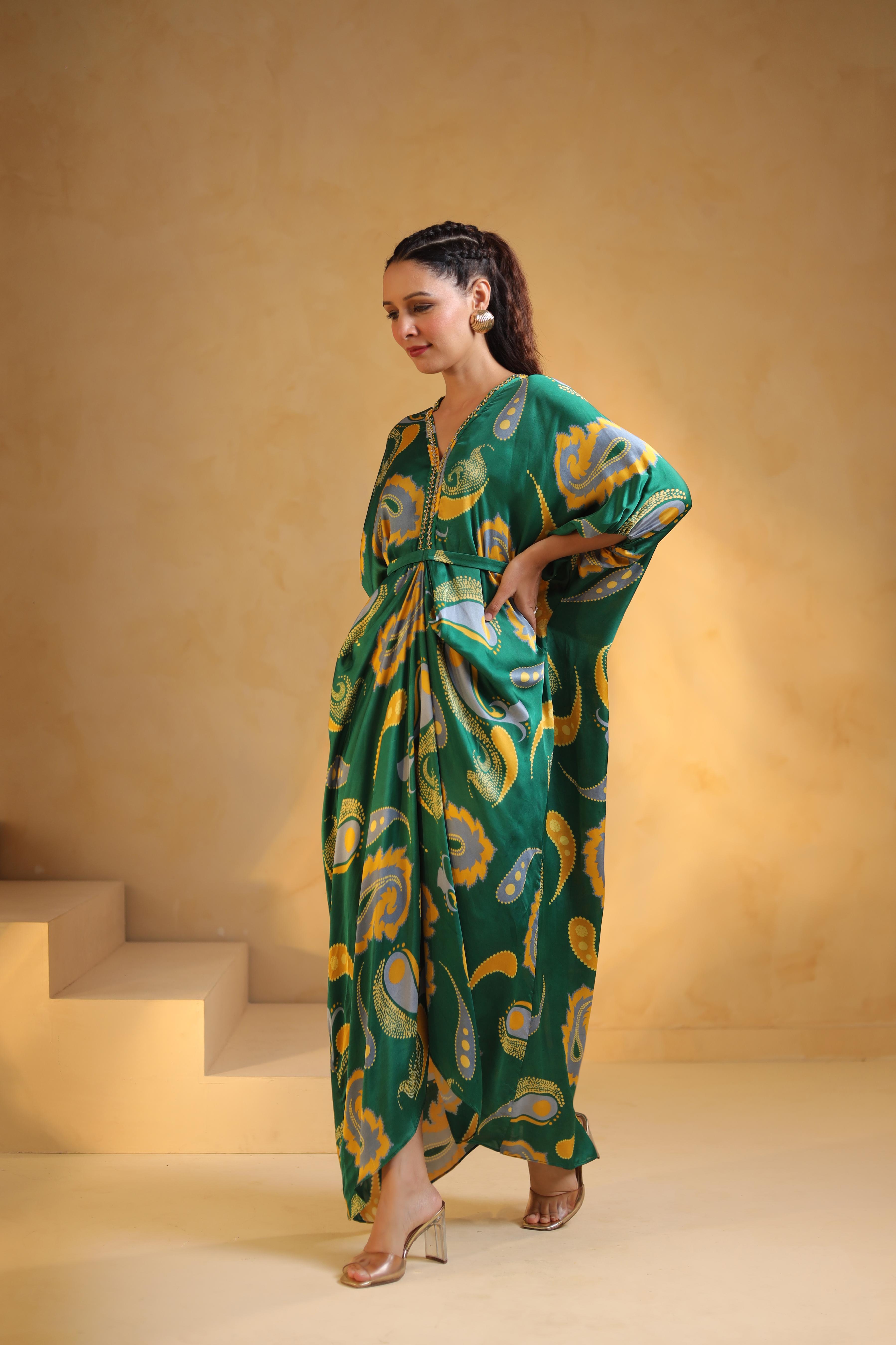 Rich Green Printed Modal Satin Dress