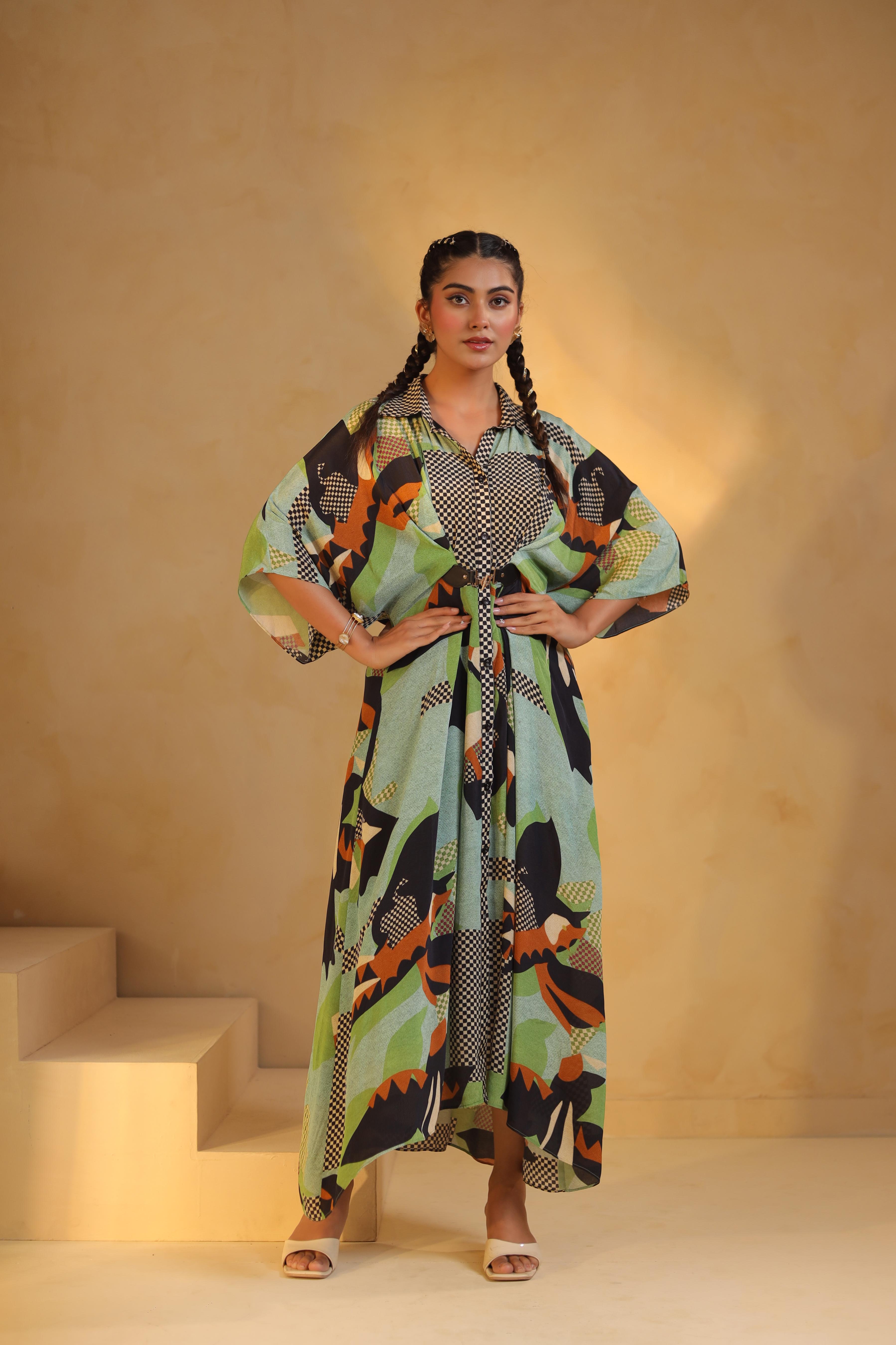 Light Aqua Green Printed Viscose Crepe Dress