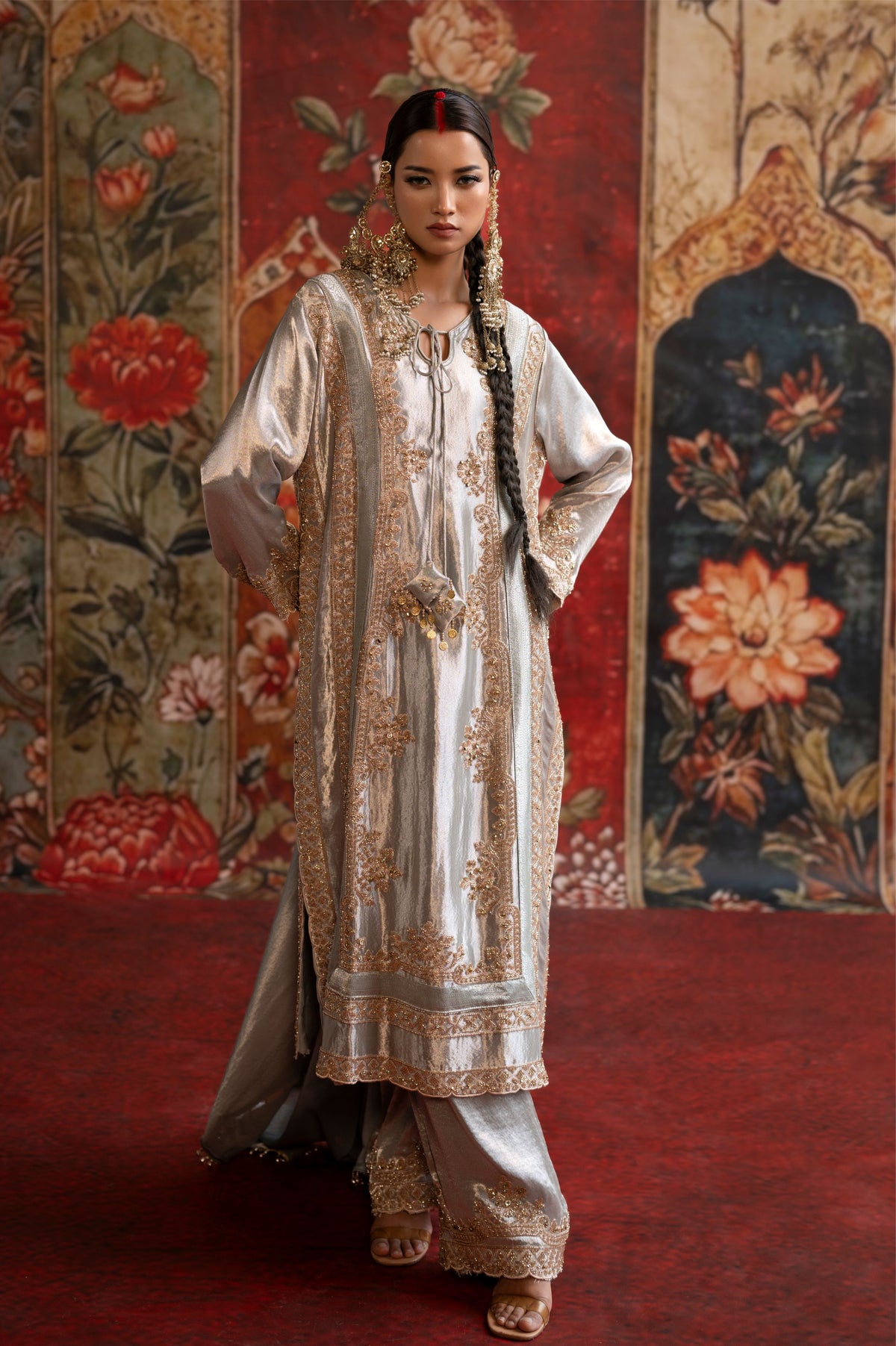 Grey Embellished Tissue Banarasi Silk Pant Set