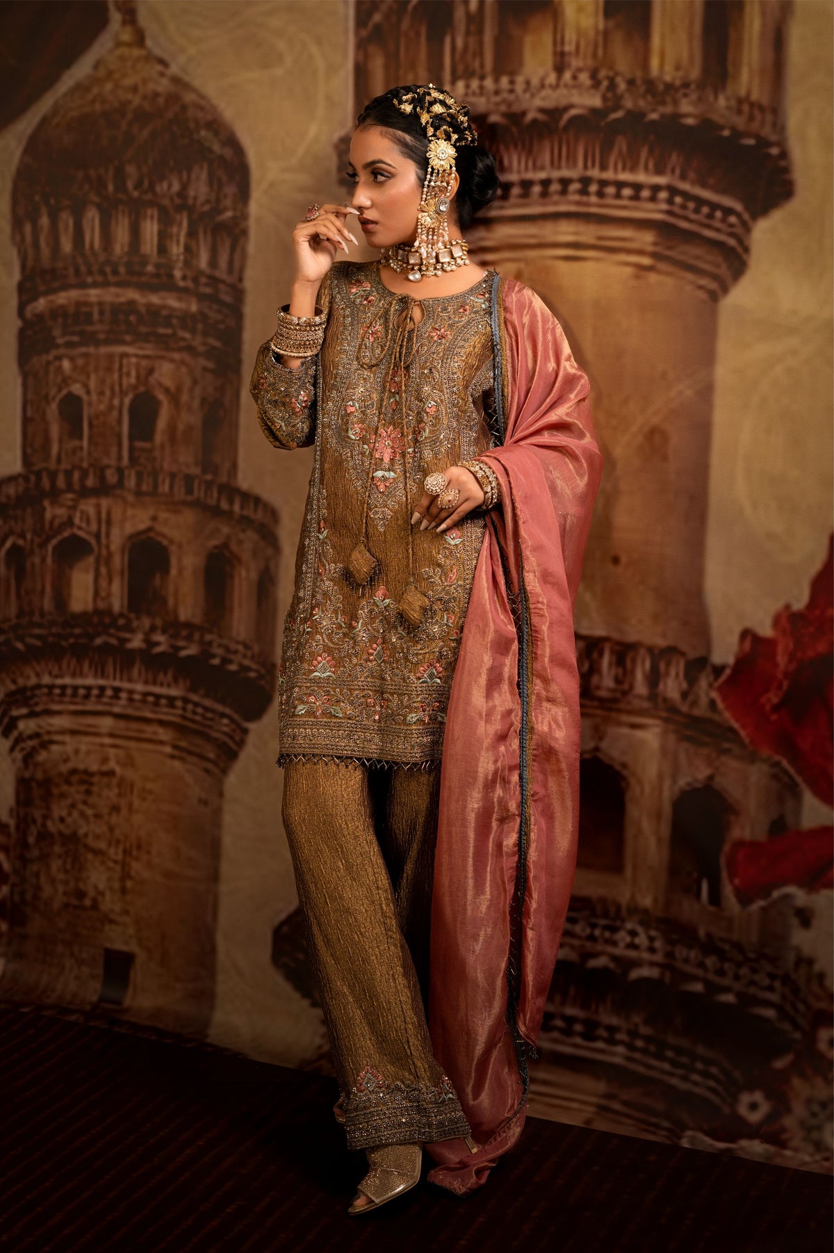 Brown Olive Embellished Tissue Silk Pant Set