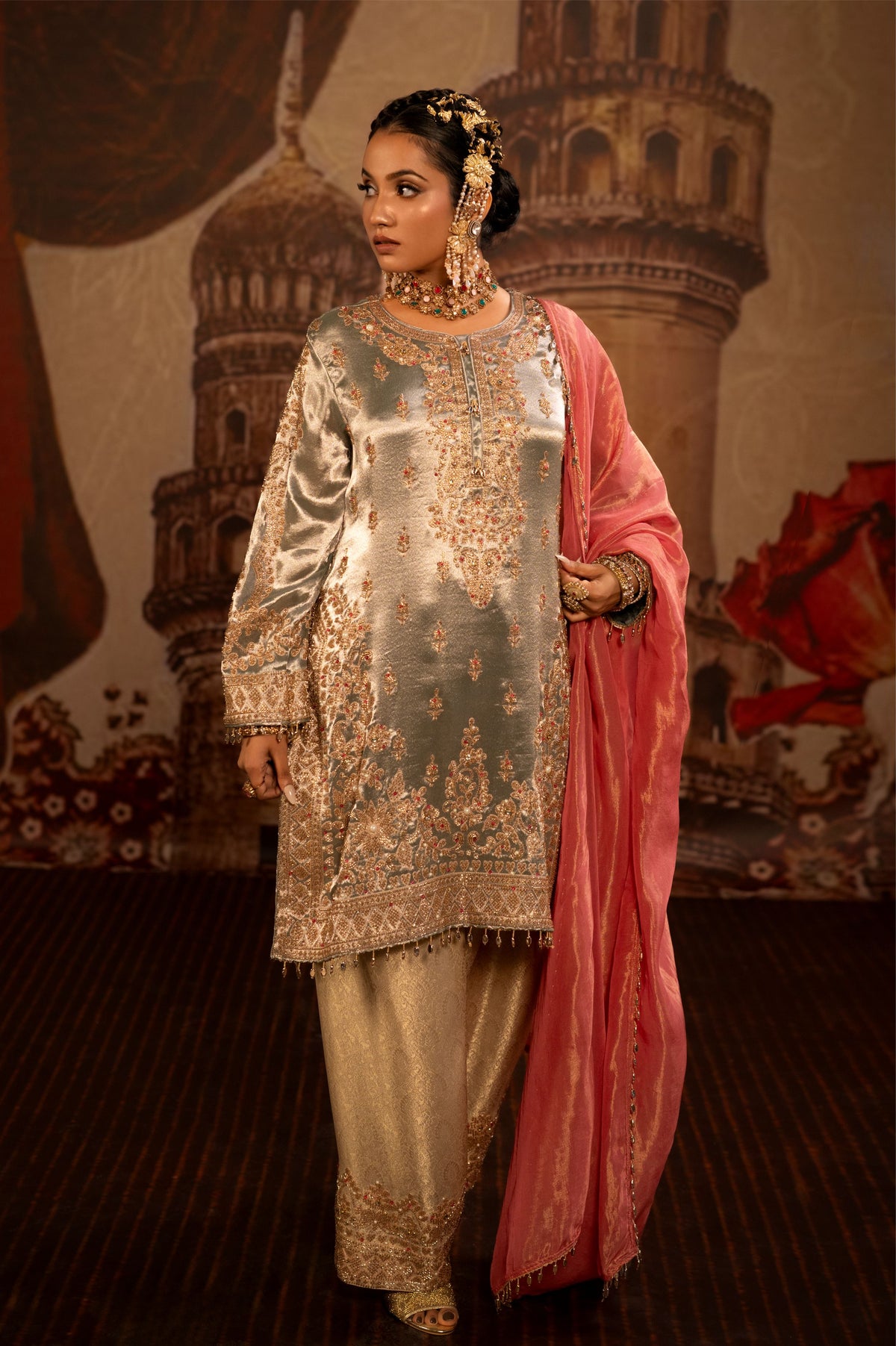 Antique Silver Embellished Tissue Silk Pant Set