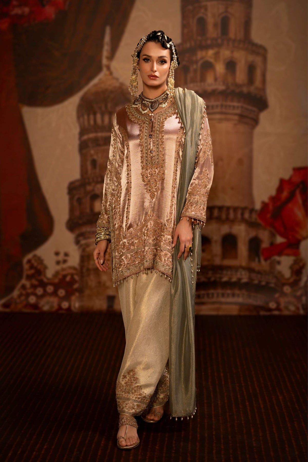 Metallic Rose Embellished Tissue Banarasi Silk Pant Set