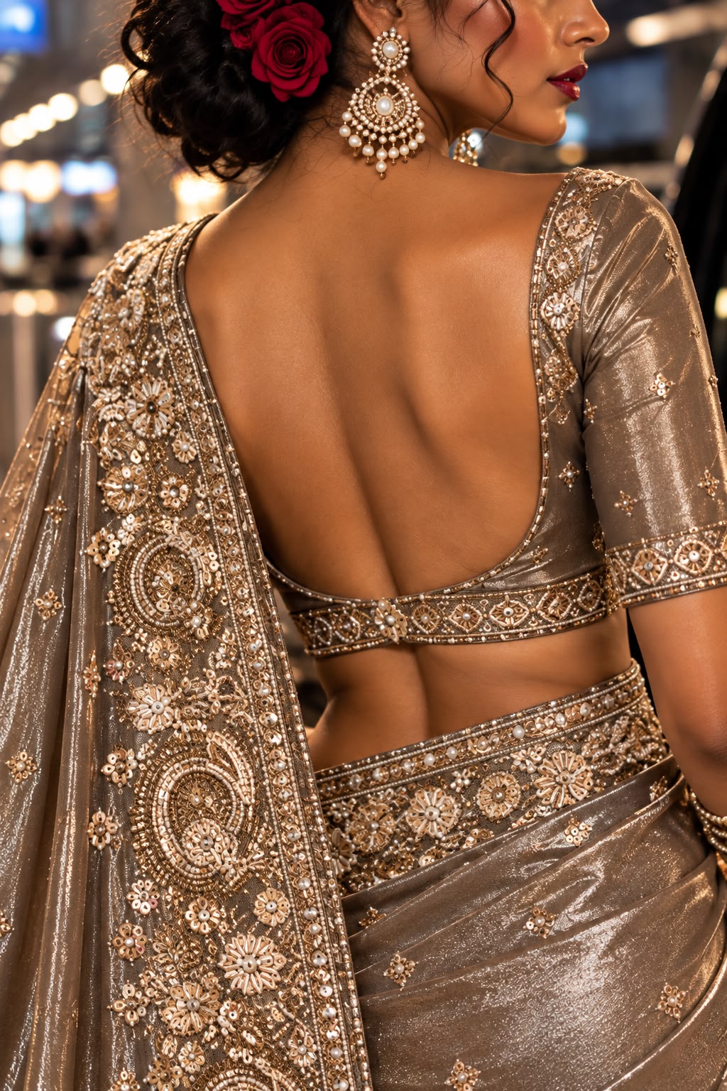 Antique Silver Embellished Tissue Silk Saree