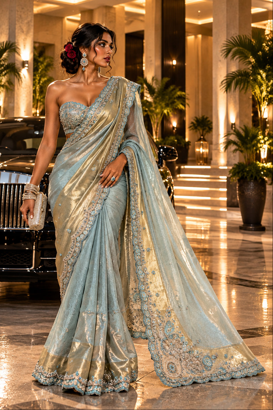 Aqua & Gold Embroidered Brocade Silk Saree