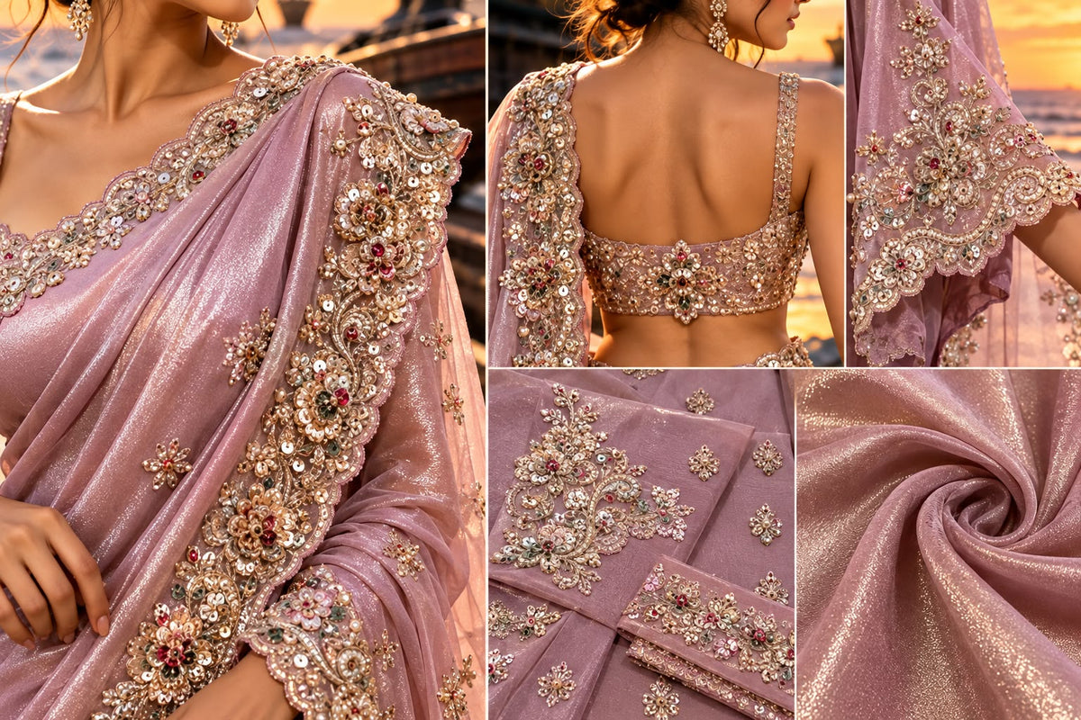 Dusky Rose Embellished Tissue Silk Saree